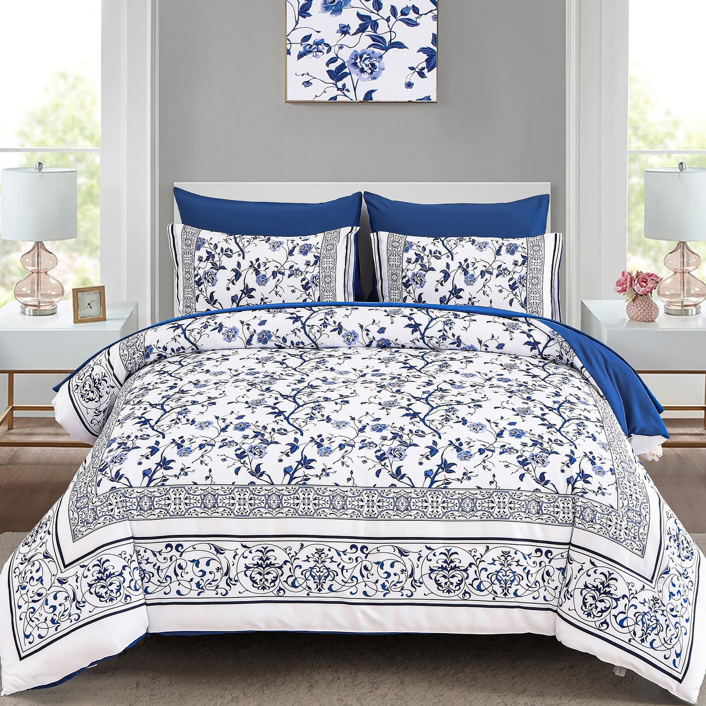 Floral Queen Comforter Set, 7 Piece Bed in a Bag Queen Size Blue Flowers on White Botanical Bedding Set, Soft Microfiber Bedding Comforter Sets with Sheets for All Season