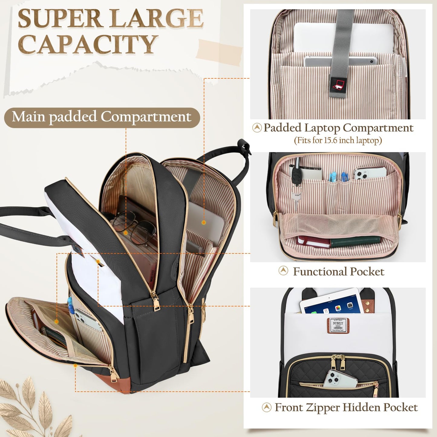NUBILY Laptop Backpack for Women 15.6 Inch School Backpack for Girls Waterproof Travel Backpack Carry On 2 Set Anti Theft Backpacks Womens Backpack with Accessory Purse Book Bag Lightweight Black