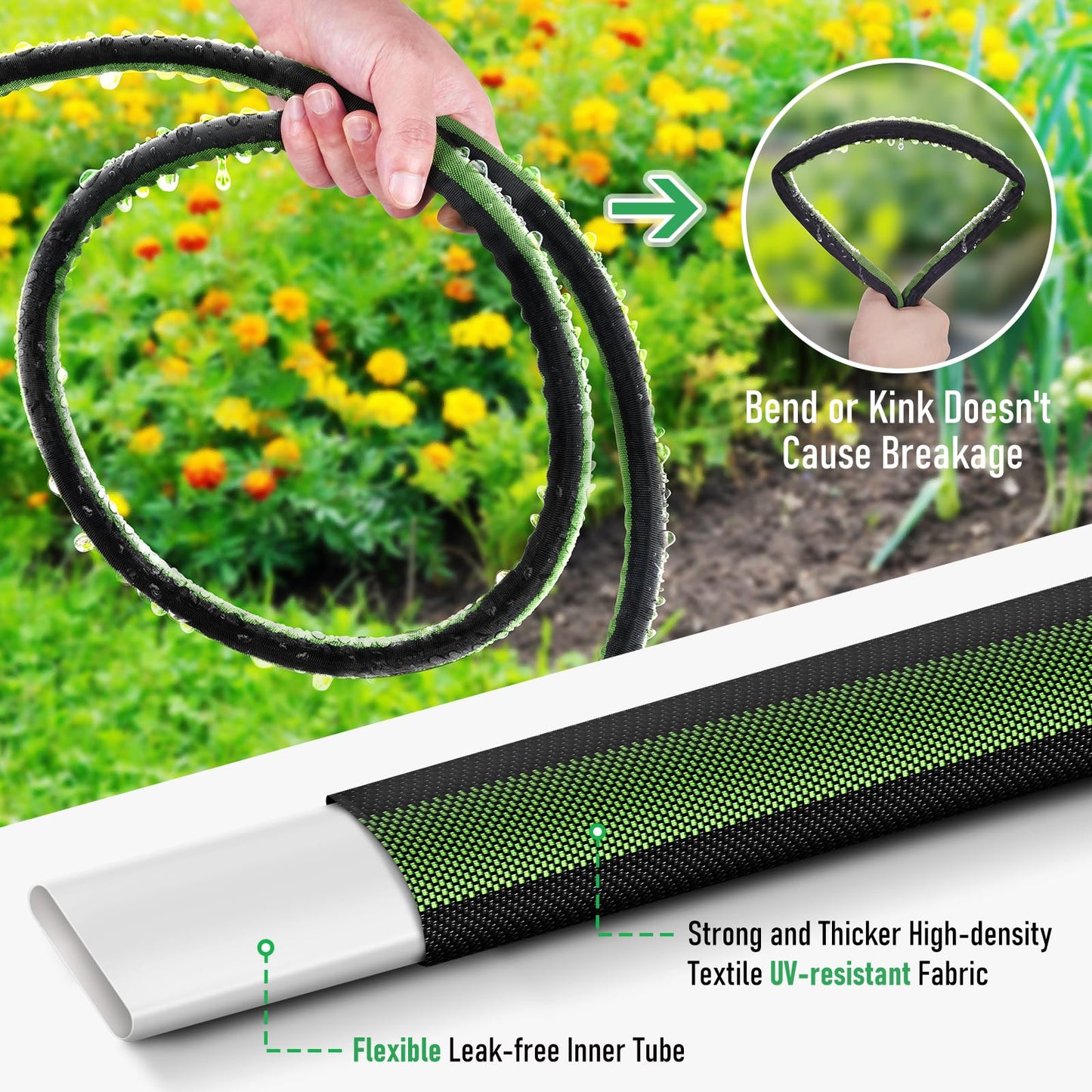 Flat Soaker Hose 100FT for Garden and Lawns, 80% Water-Saving Drip Irrigation Hose with Anodized Aluminum Ends, Flexible Leakproof Double Layer Gardening Hoses（50FT×2 Pack）