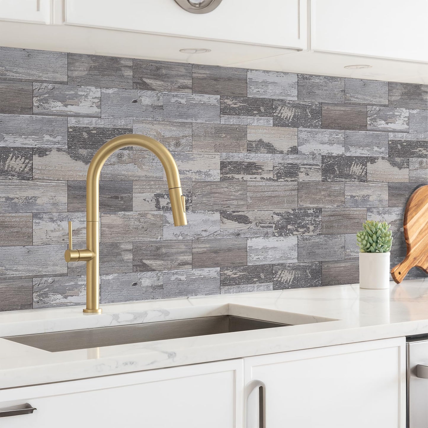 StyloVue 100 Pieces Peel and Stick Backsplash for Kitchen, 3" x 6" PVC Subway Tile Upgraded Distressed Wood Backsplash Stick on Tile Elevate Kitchen, Bathroom, Fireplace,RV