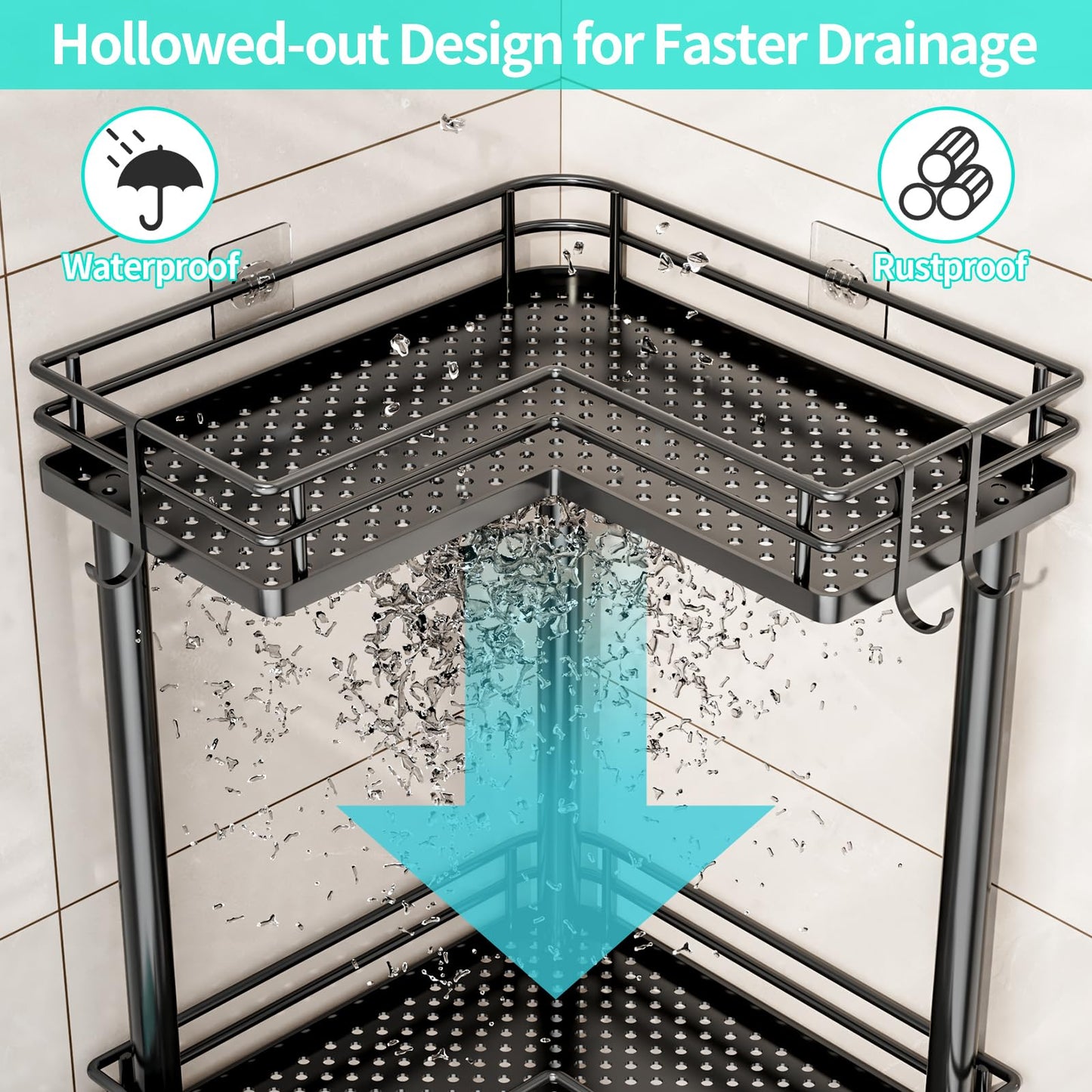HapiRm Corner Shower Caddy Standing - 3 Tier Shower Caddy Corner Stand with Shampoo Holder, Floor Bathroom Shelves with 4 Hooks, Black