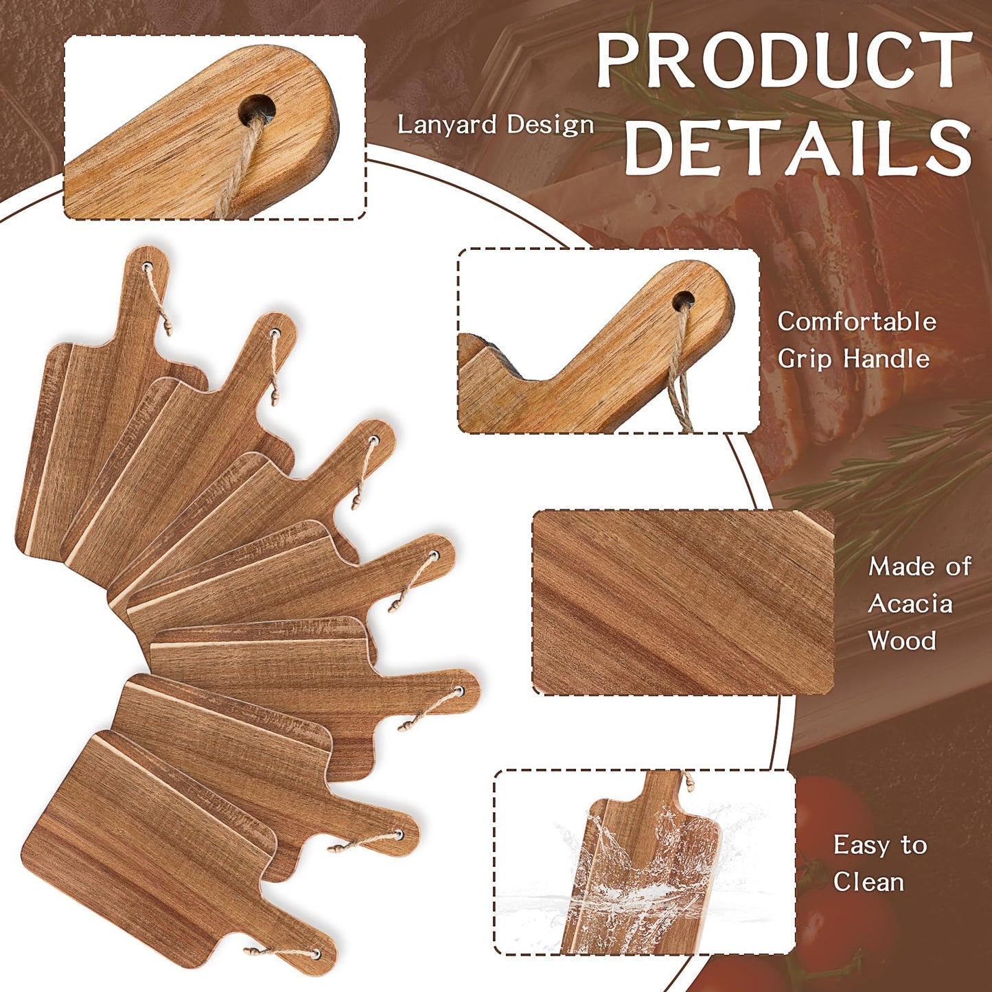 10 Pcs Acacia Wood Cutting Board with Handles, 12 x 6 Inch Charcuterie Boards Bulk Wooden Serving Trays for Cheese, Bread & Appetizer