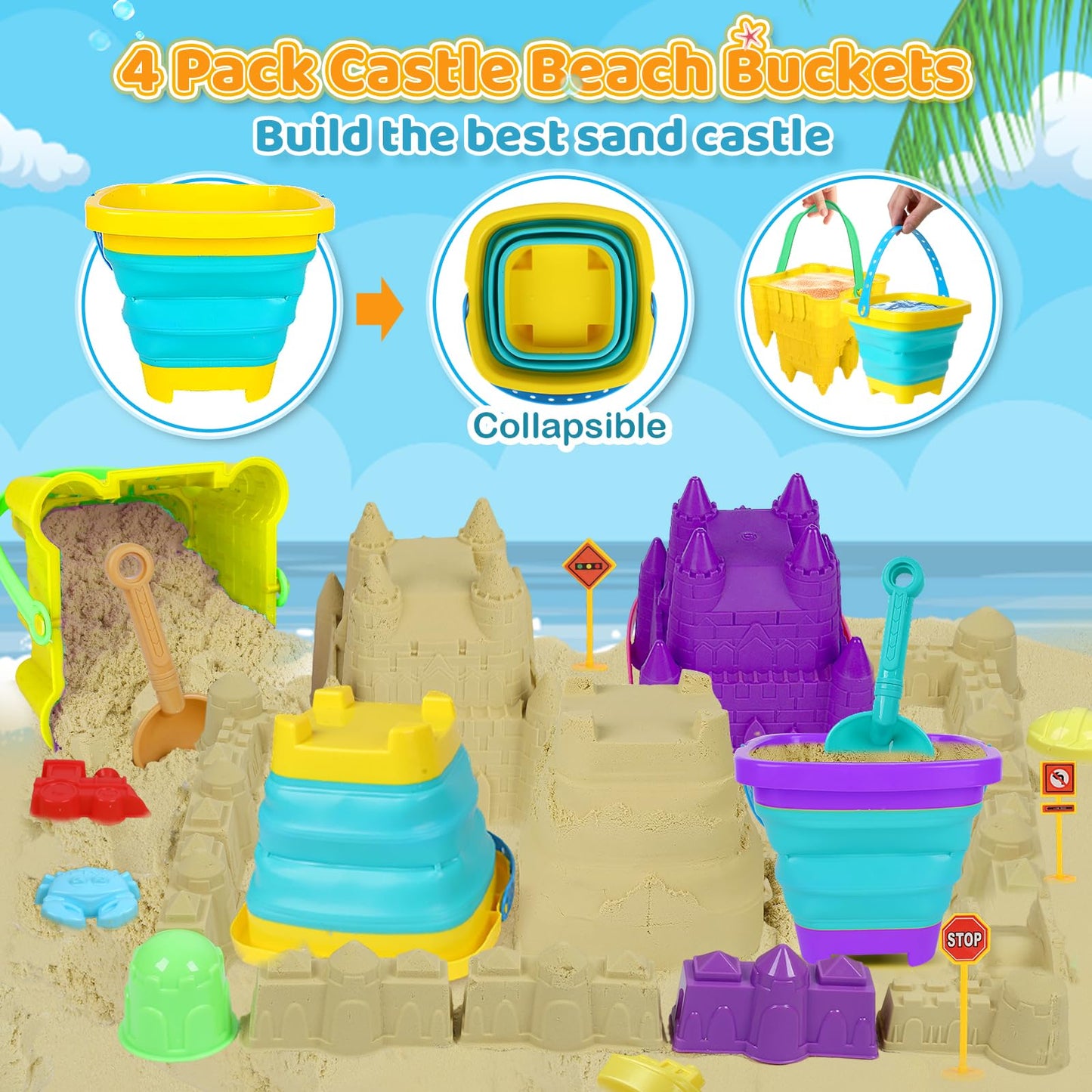 Beach Sand Toys for Kids - 31Pcs Sandbox Toy Set with 3 Trucks, 2 Collapsible Buckets, 2 Castle Buckets, Sand Molds, Shovels & Mesh Bag, Travel Summer Toy for Toddlers Boys Girls Age 3-10