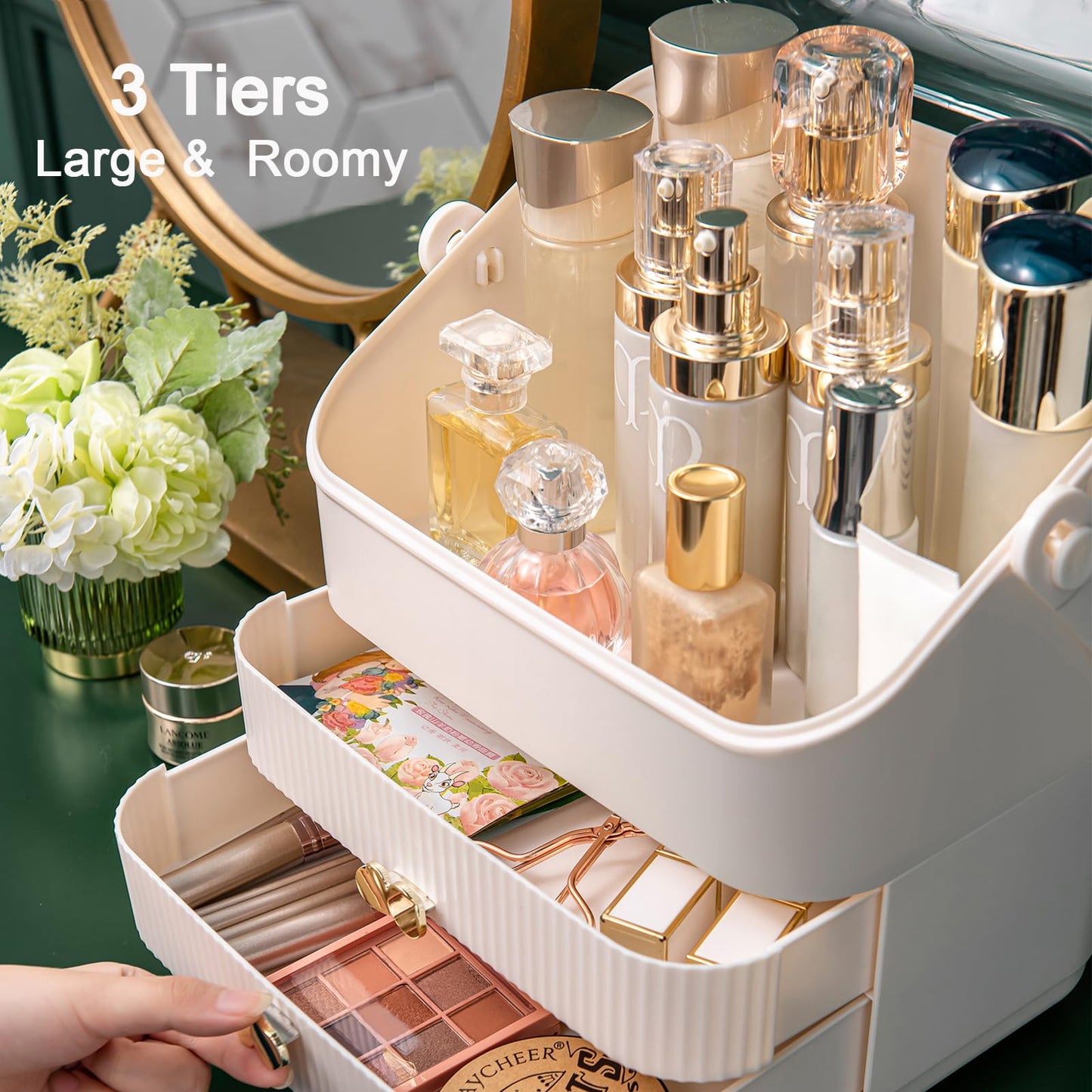 SUNFICON 3 Tiers Makeup Organizer Holder Cosmetic Storage Box with Dust Free Cover Portable Handle 2 Rroomy Drawers,Great for Bathroom Countertop Bedroom Dresser,Ivory White