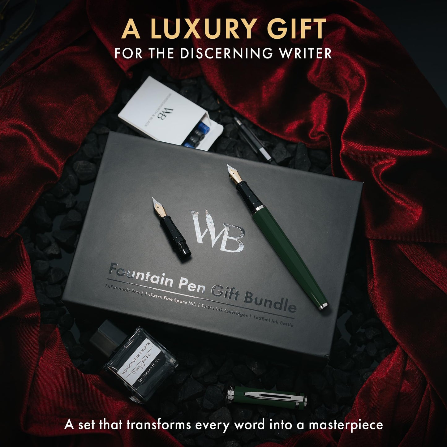 Wordsworth & Black Fountain Pen Set,18K Gilded Medium and Extra Fine Nib,25ML Black Ink Bottle,6 Ink Cartridges,Refill Converter,Gift Box,Smooth Writing Pens [Green Chrome],Gift Set for Men and Women