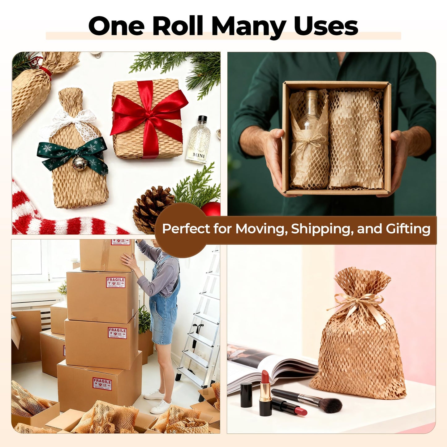 Tera Honeycomb Packing Paper Eco-friendly: 15"x200' Recyclable Cushioning Wrap for packaging Moving Supplies Shipping Boxes Gift Wrapping Paper Alternative to Bubble Wrap with 20 Fragile Sticker