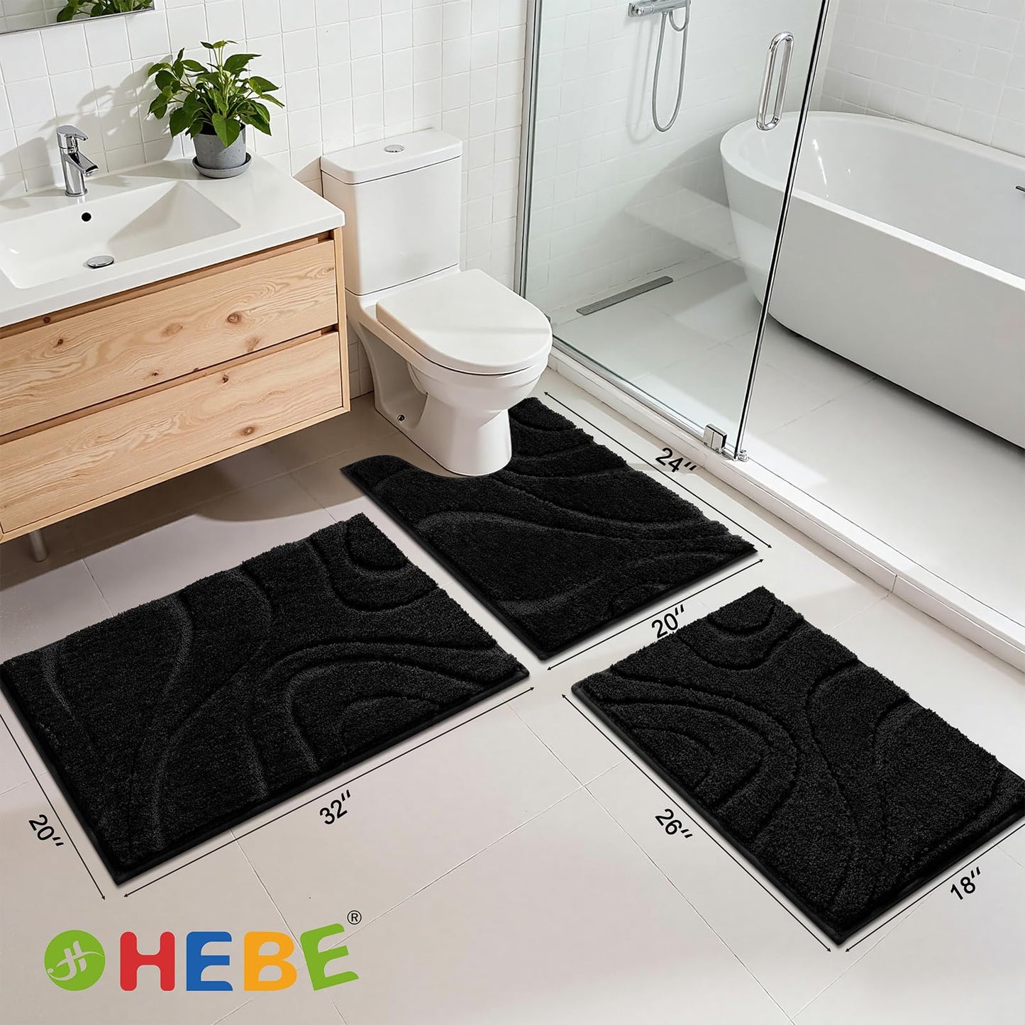 HEBE Microfiber Bath Mat Set 3 Piece, Ultra Absorbent Bathroom Mat, Non-Slip Plush Shaggy Bathroom Rug, Machine Washable Bath Mats for Bathroom Floor, Tub and Shower, Black