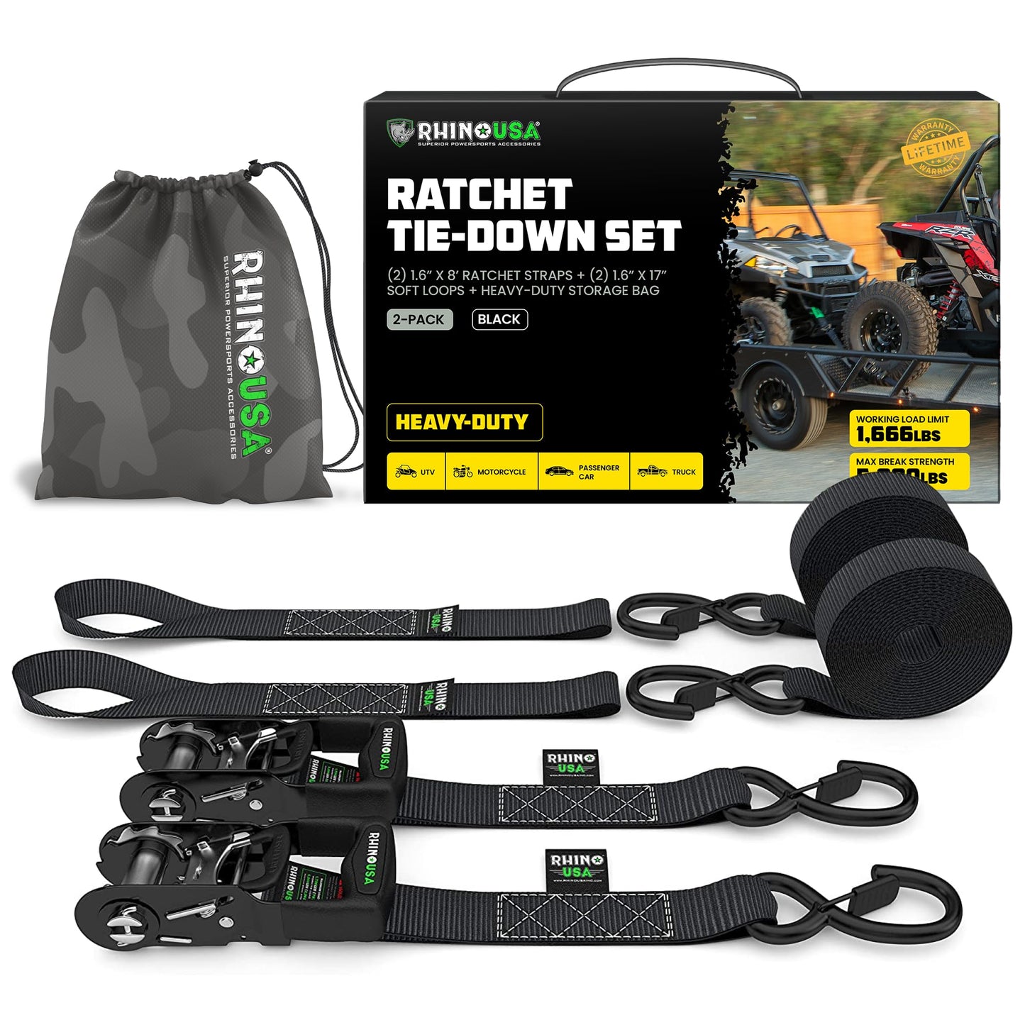 Rhino USA Ratchet Straps Heavy Duty Kit (2-Pack) - 1.6 Inch x 8 Feet (5,208lb Break Strength) - Ultimate Tie Down Straps with Safety S Hooks for Trucks, ATV, UTV, Motorcycle, Cargo & More - Black