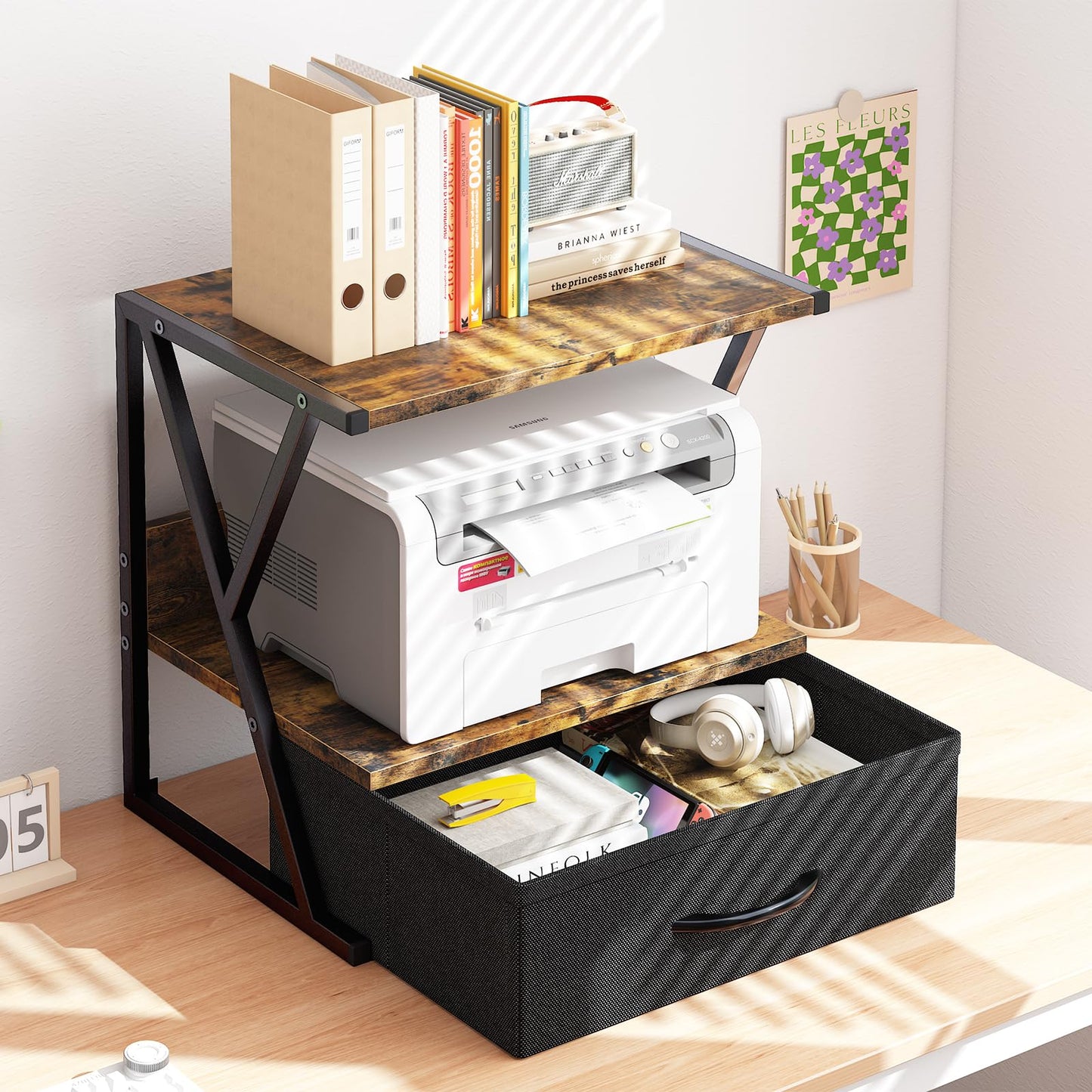 aboxoo Printer Stand for Desk with Storage Drawer, 2 Tier Desktop Or Under Desk Shelf, Multi-Purpose Desks Organizer for Home Office, fit Fax Machine/3D Printer/Scanner, Rustic Brown
