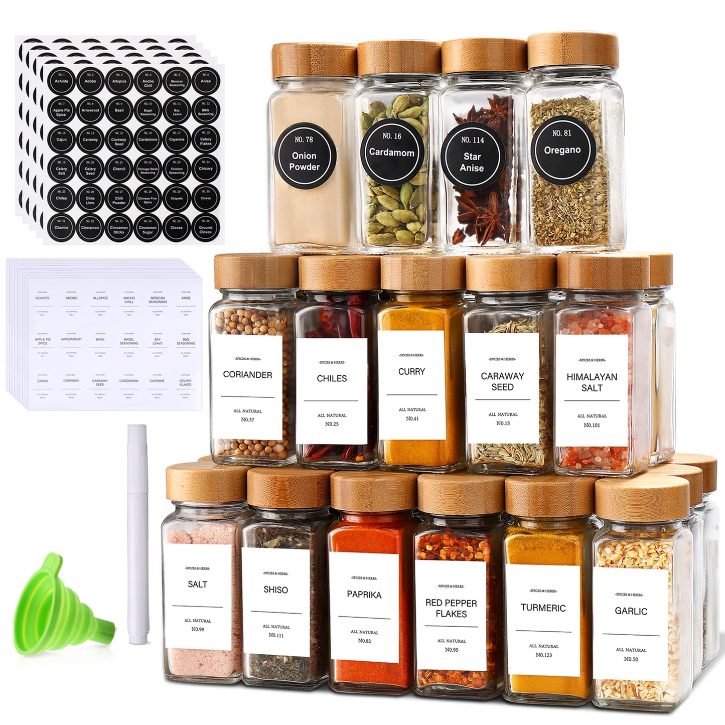 Spice Jars, Spice Jars With Labels-4oz 36pcs, Spice Containers, Glass Jars With Bamboo Lids, Seasoning Containers With White Printed Spice Labels, Kitchen Organizer