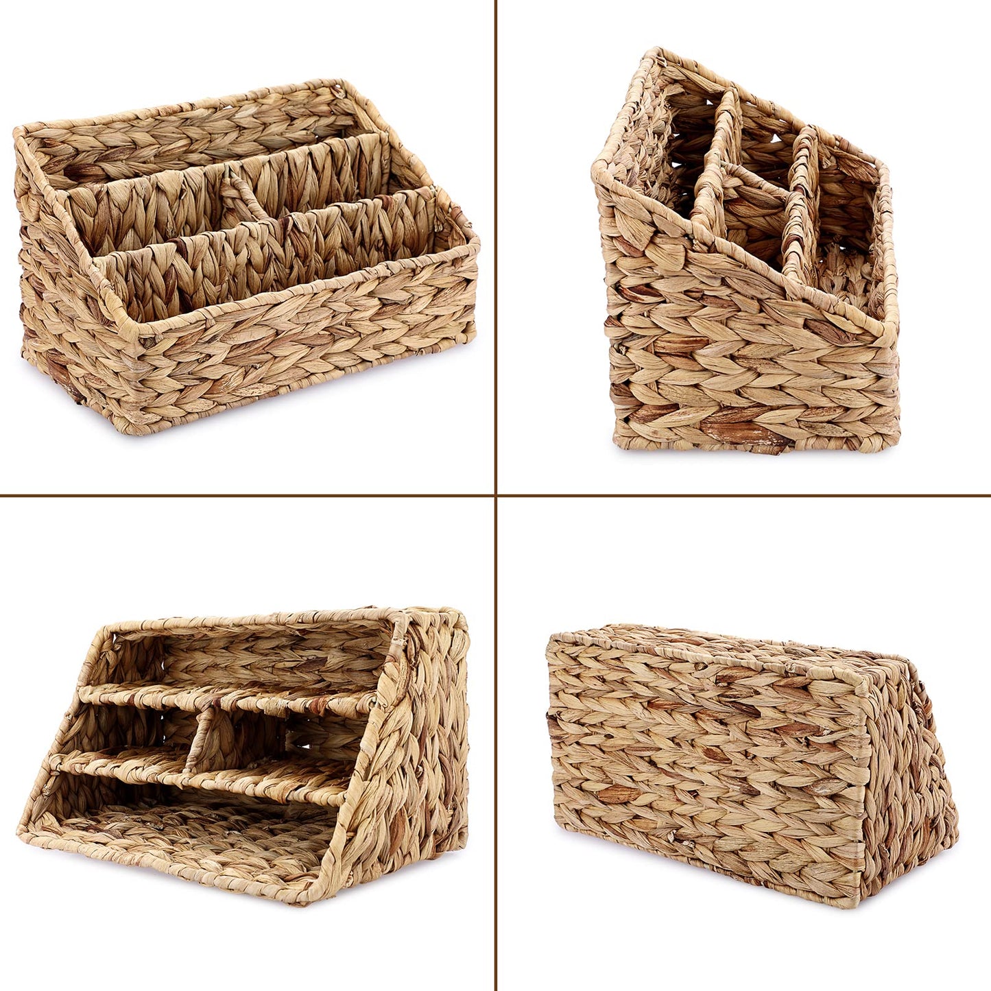 BTSKY Handwoven Water Hyacinth Desk Organizer, 4 compartments Desktop Mail Organizer, Woven Countertop Accessories Organizer for Office Supplies, Stationery Supplies, Makeup