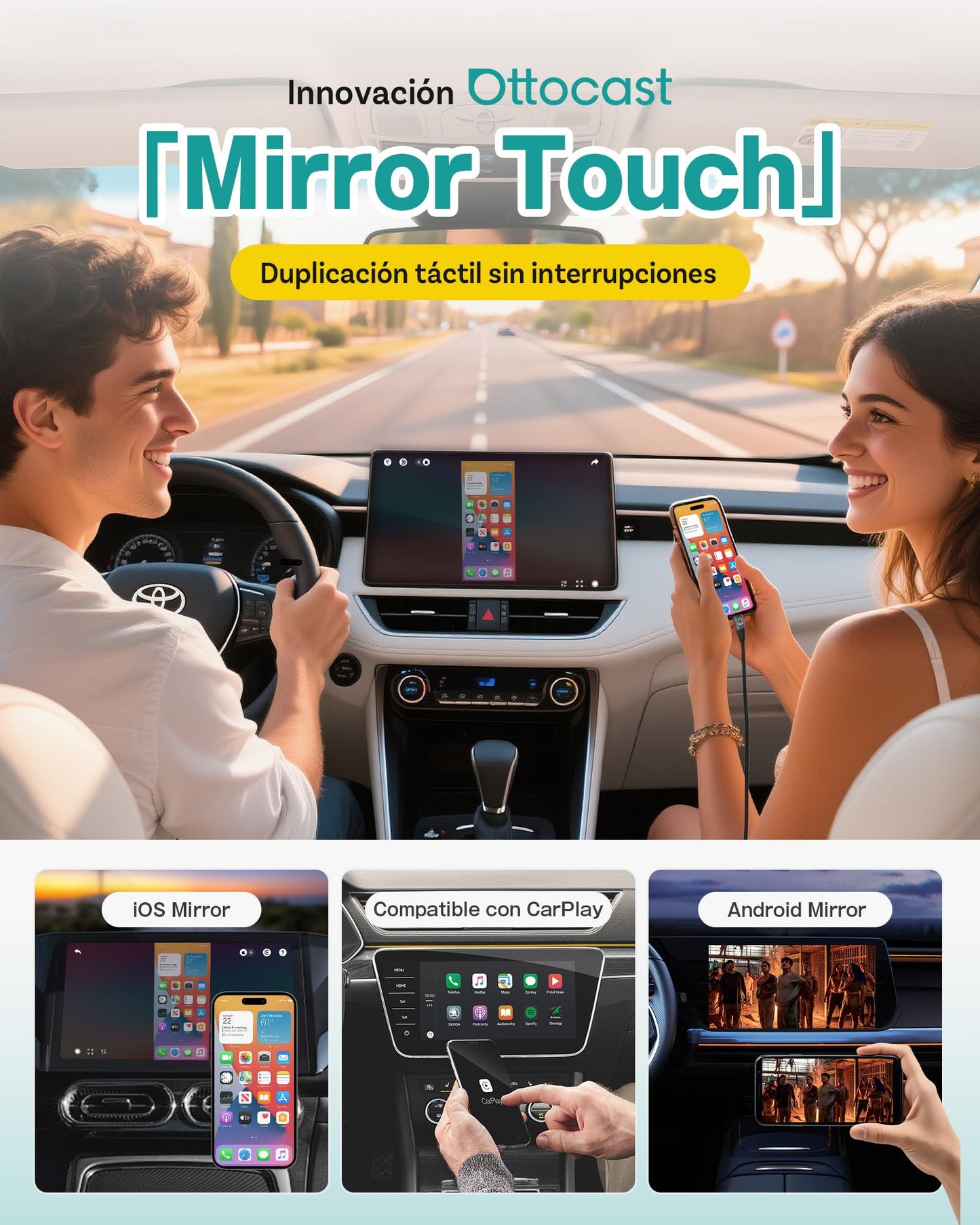 Ottocast Mirror Touch Wireless CarPlay Adapter - Bi-Directional Phone Mirroring & Dual Mode for Factory Wired CarPlay - Seamless iPhone & Android Integration