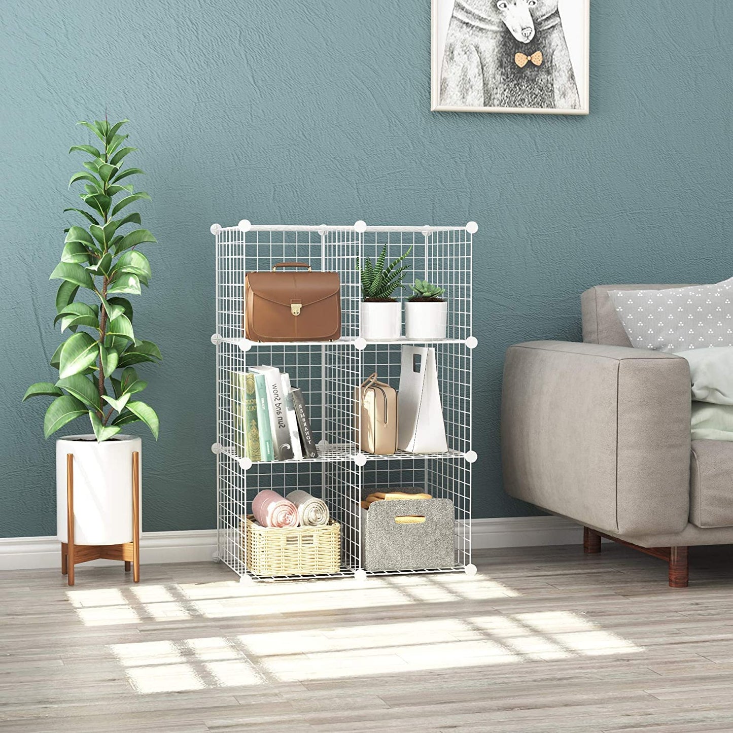 C&AHOME Wire Storage Cubes, Metal Grids Book Shelf, Modular Shelving Units, Stackable Bookcase, 6 Cubes Closet Organizer for Home, Office, Kids Room, 36.6”L x 12.4”W x 36.6”H White