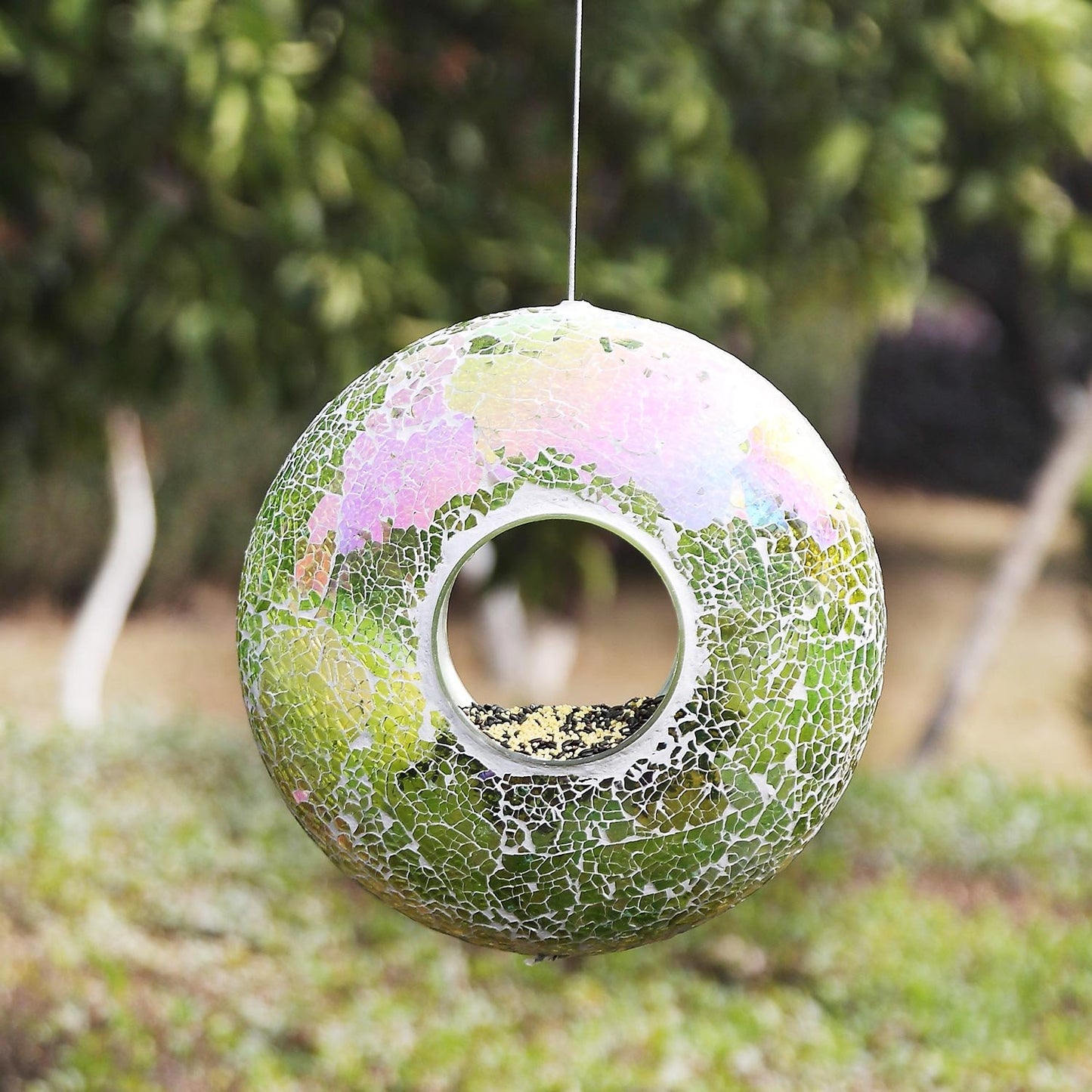 DUSVALLY Mosaic Hanging Bird Feeder - Circular Outdoor Garden Decor, Fly Through Wild Bird Feeders with Mosaic Glass Design, for Yard, Backyard, Deck and Porch, Green Accents