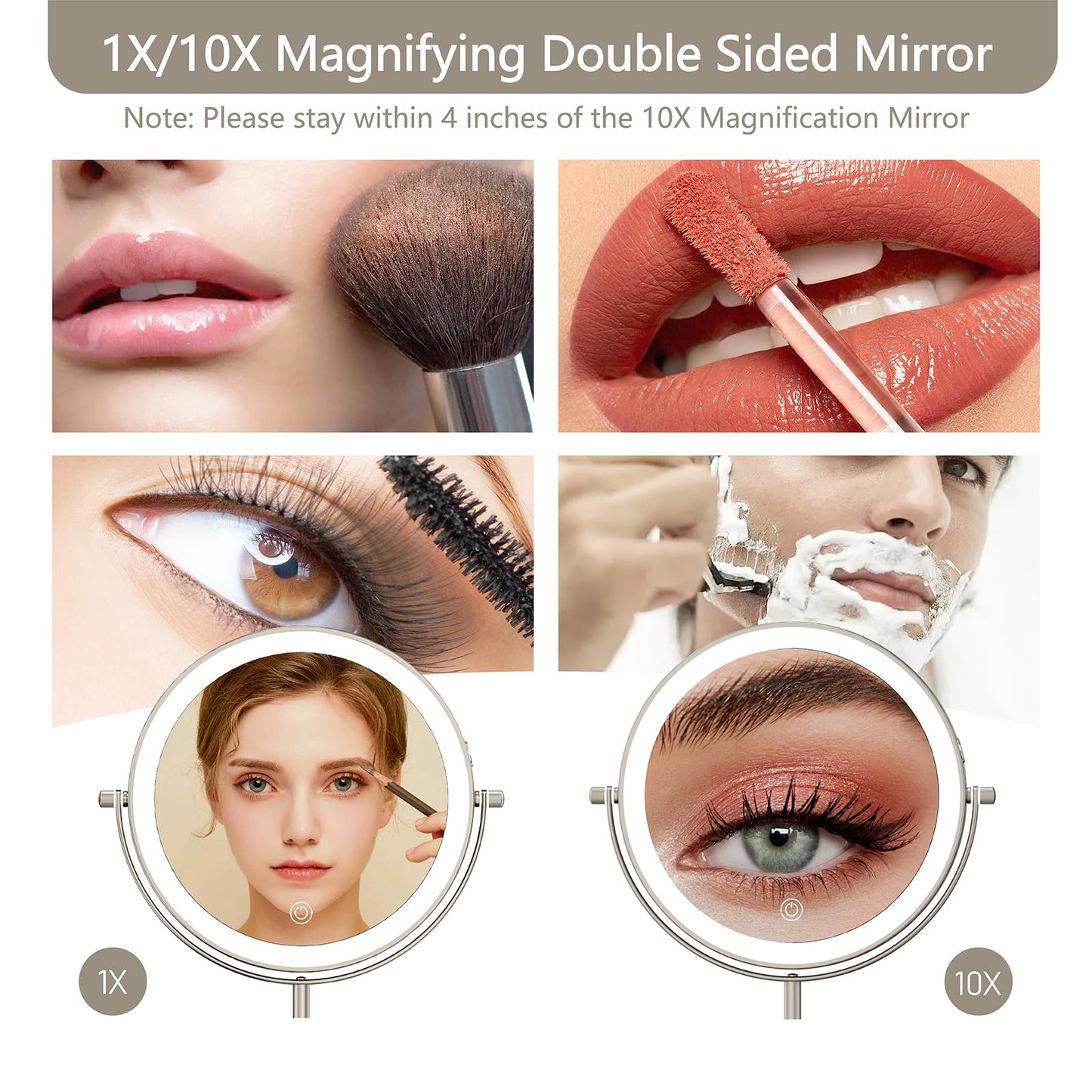 MIROAMZ 8" Lighted Makeup Mirror, 1X/10X Magnification with Light, Double Sided Dimmable, Rechargeable & Brightness & Height Adjustable, Cordless Vanity(Brushed Nickel)