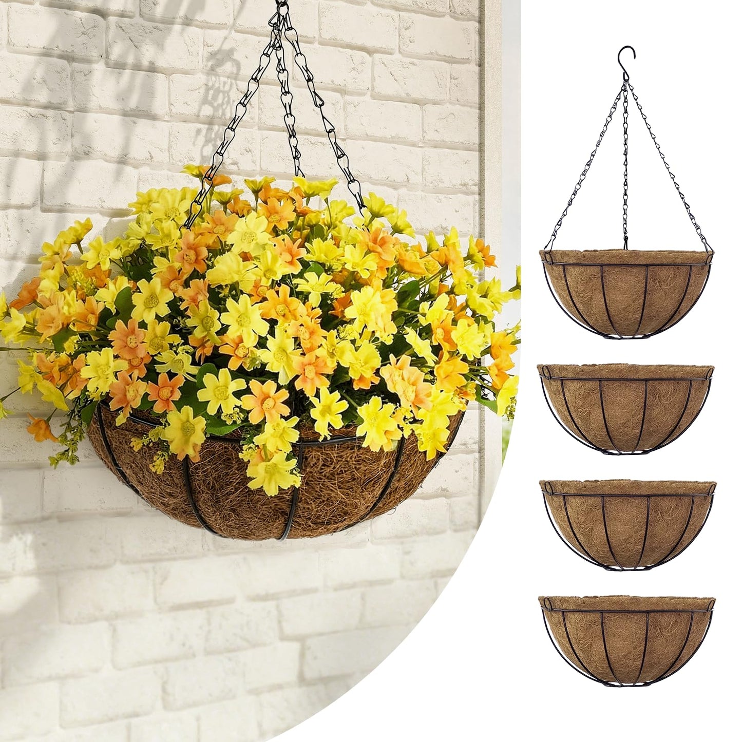 Bamworld 4 Pack 12 Inch Hanging Planter with Coconut Coir Liner and Chain, Black Metal Wire Plant Hangers Indoor for Garden Patio Balcony Porch Decor, Supports up to 20 Pounds