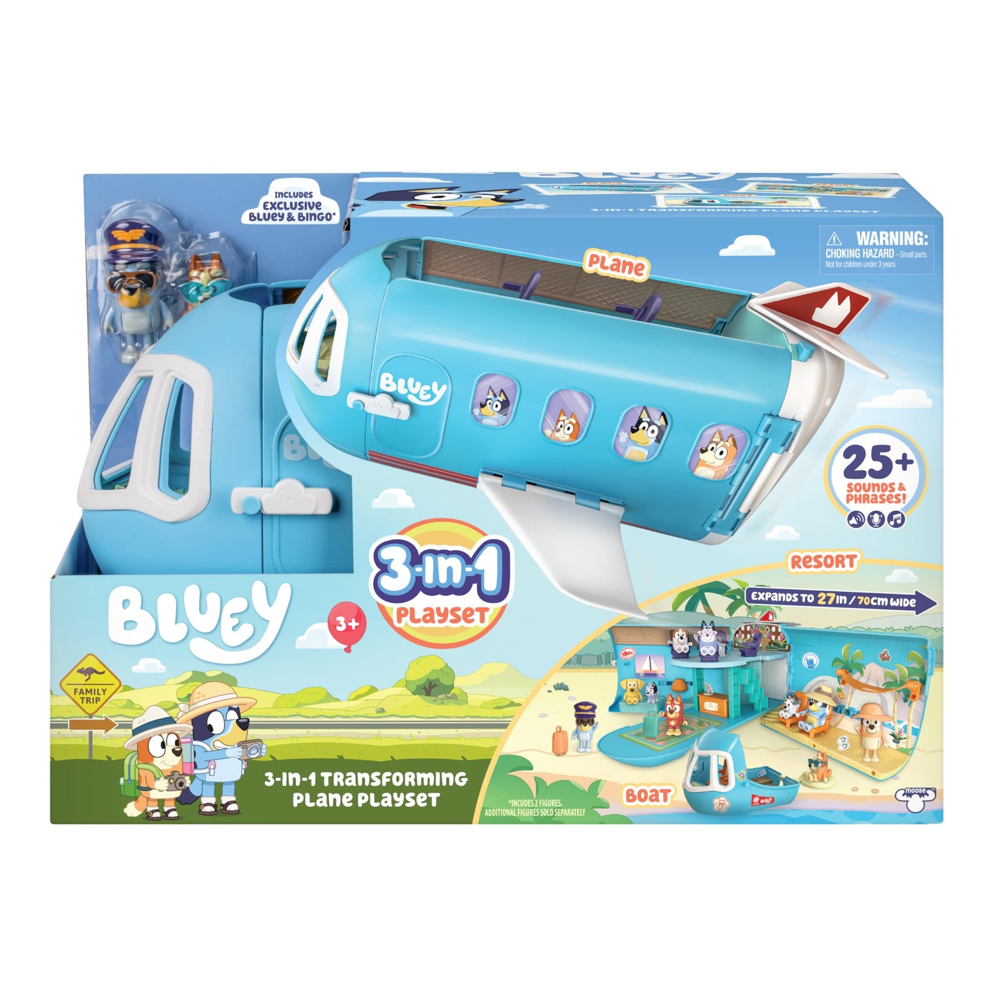 Bluey 3-in-1 Transforming Plane Playset, Transforms from A Plane to A Resort and a Boat! Over 25 Sounds and Phrases