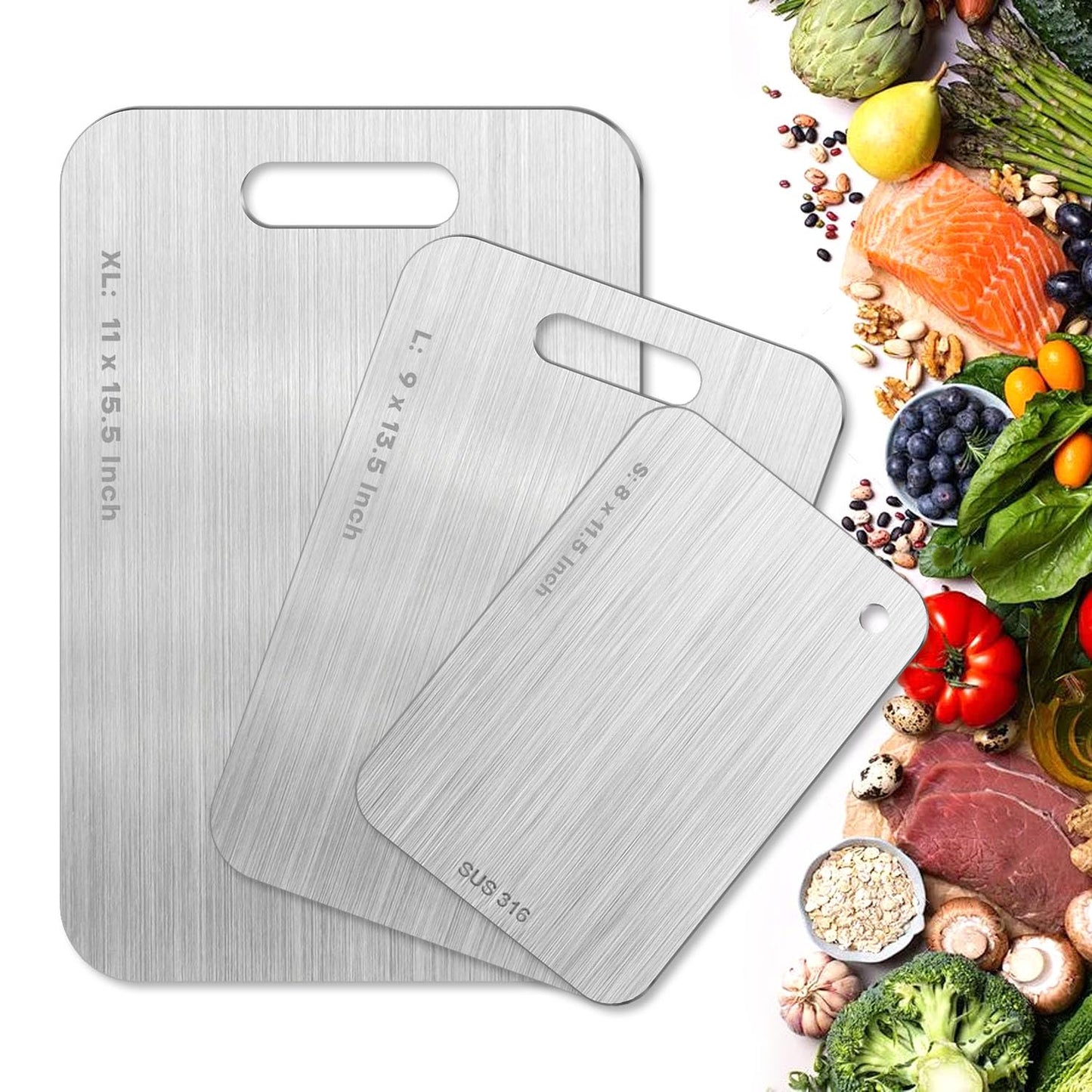 Katori Titanium Cutting Board - Upgraded 100% Pure Titanium Cutting Boards for Kitchen Non Toxic, Double Sided Food Grade Hygiene Non Moldy Dishwasher Safe Meat Fruit Metal Board (3PC S+L+XL)