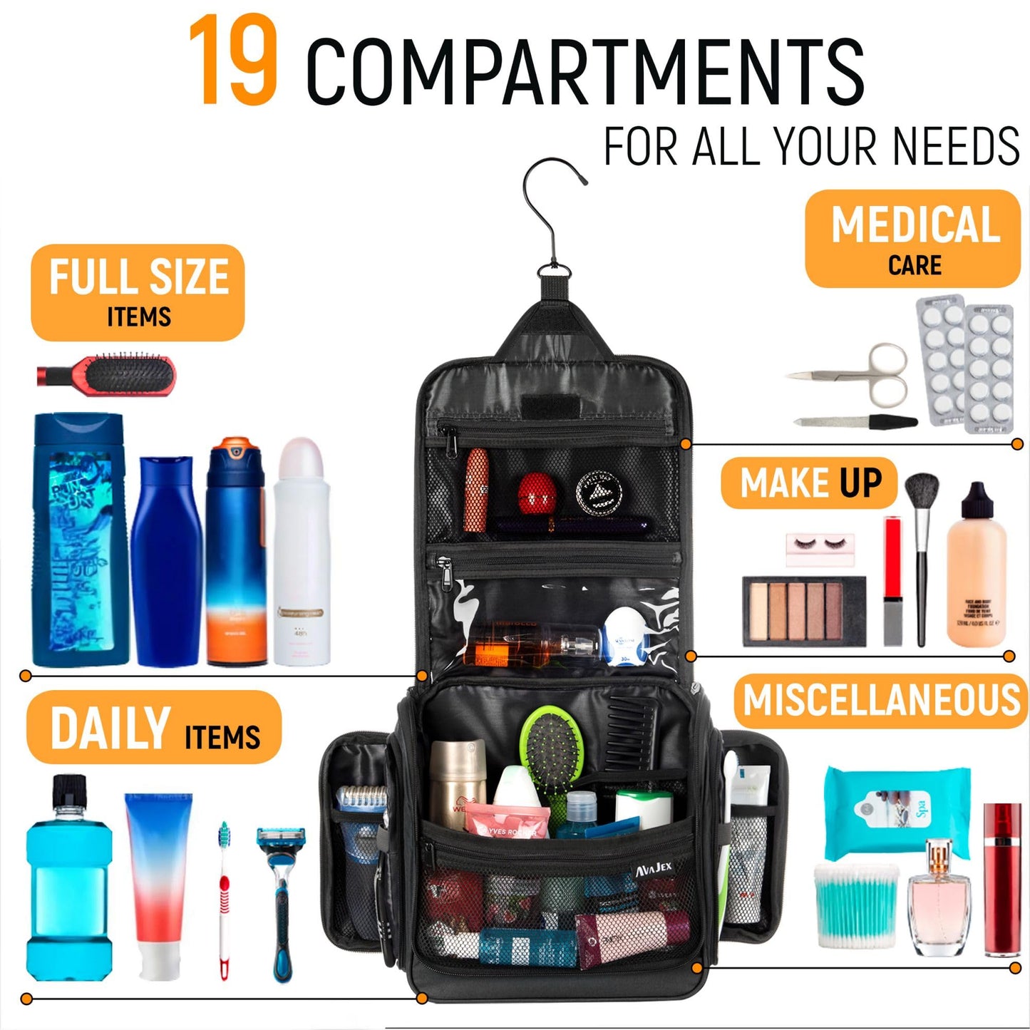 Travel Toiletry Bag for Men and Women - Large Hanging Toiletry Organizer - Waterproof Hygiene Bag with Metal XXL Swivel Hook, Sturdy Zippers and 19 Compartments for Toiletries, Makeup, Cosmetics