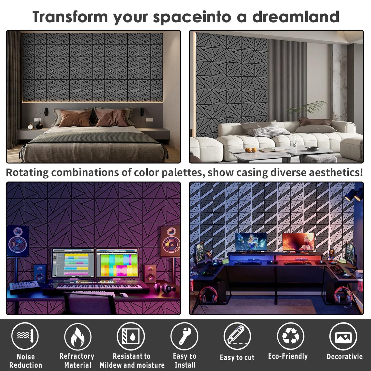 8 Pack Self-Adhesive Soundproof Wall Panels, 12 x 12 x 0.47 In Sound Proof Foam Panels for Walls, 1.2lb/ft³ High Density, Thicker 0.47in, Acoustic Panels, Noise Dampening Panels Studio Black