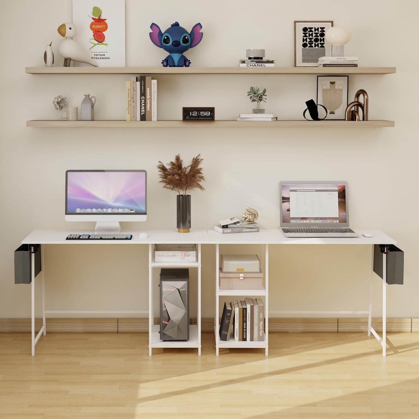 Small Computer Desk, 32 inch Bureau de Travail with 2 Tier Shelves, with Power Outlets Gaming Study Table, Wood Dressing Desks with Metal Frame, for Bedroom, Livingroom, Office White