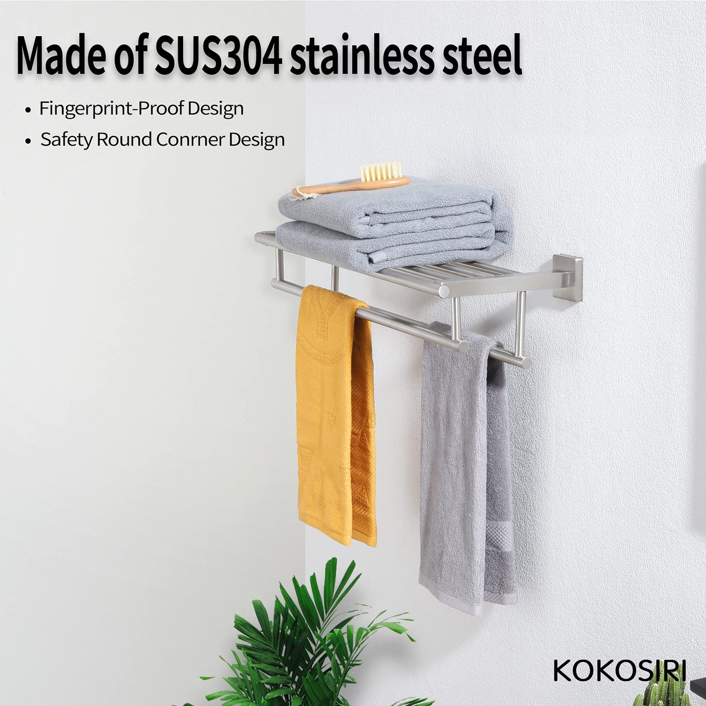 KOKOSIRI 20 Inch Towel Rail Towel Shelf with Double Towel Bars Bathroom Towel Rack Towel Holder Wall Mounted SUS 304 Stainless Steel, Brushed Nickel, B6005BR-L20