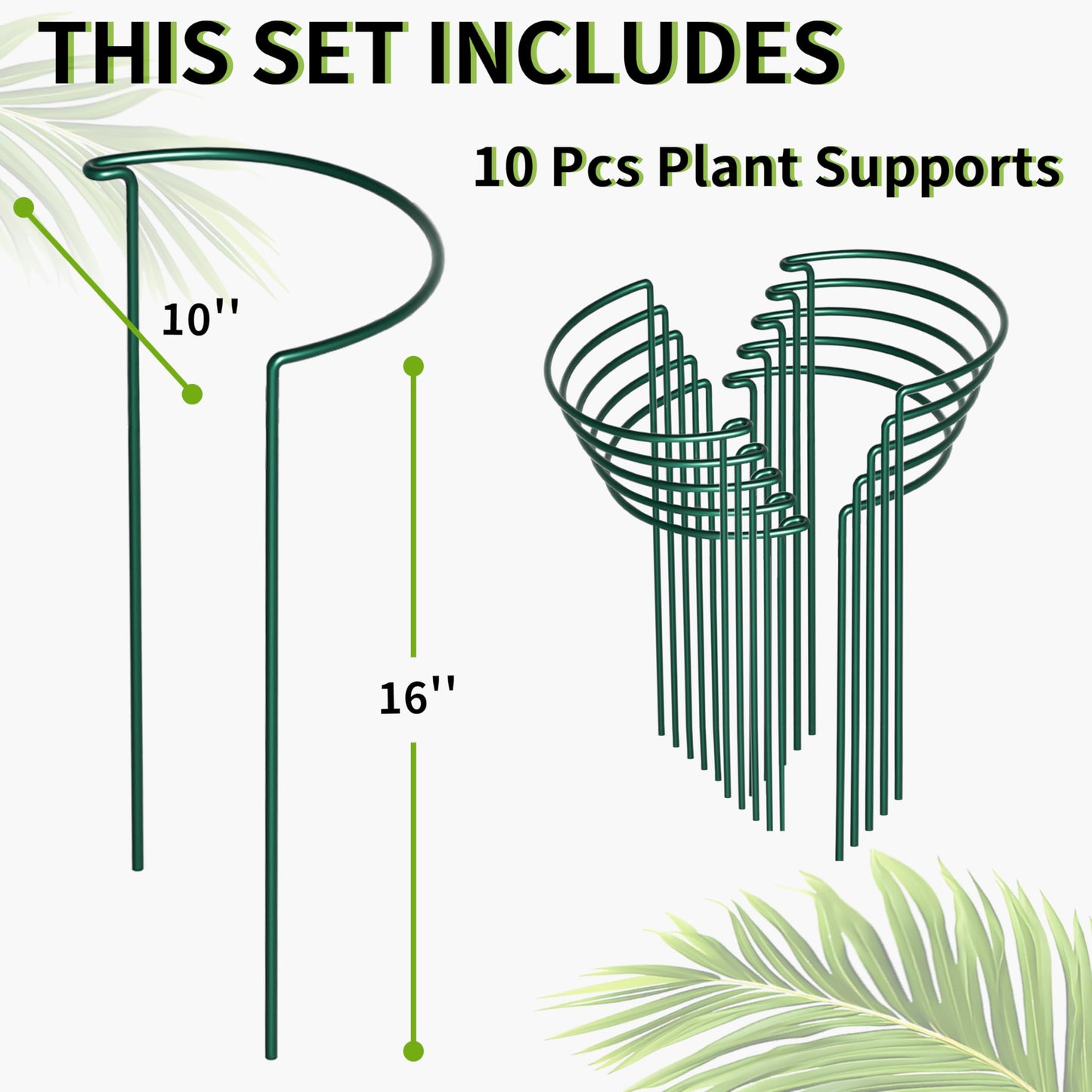 TCBWFY 10 Pack Plant Support Stakes, 10" W x 16" H Peony Cages and Supports, Heavy-Duty 4.5mm Metal Wire Garden Supports, Interlocking Garden Support Rings for Roses, Hydrangeas, Tomatoes, Vines