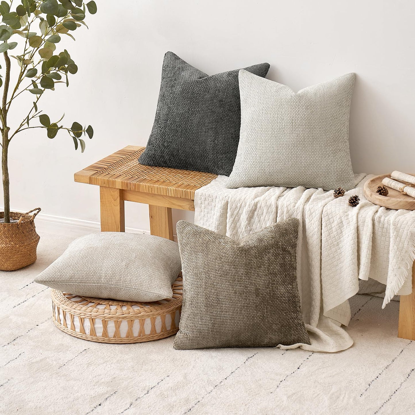 MIULEE Pack of 4 Couch Throw Pillow Covers 18x18 Inch Neutral Soft Decorative Chenille Pillow Covers Farmhouse Cushion Covers for Home Decor Sofa Bedroom Living Room