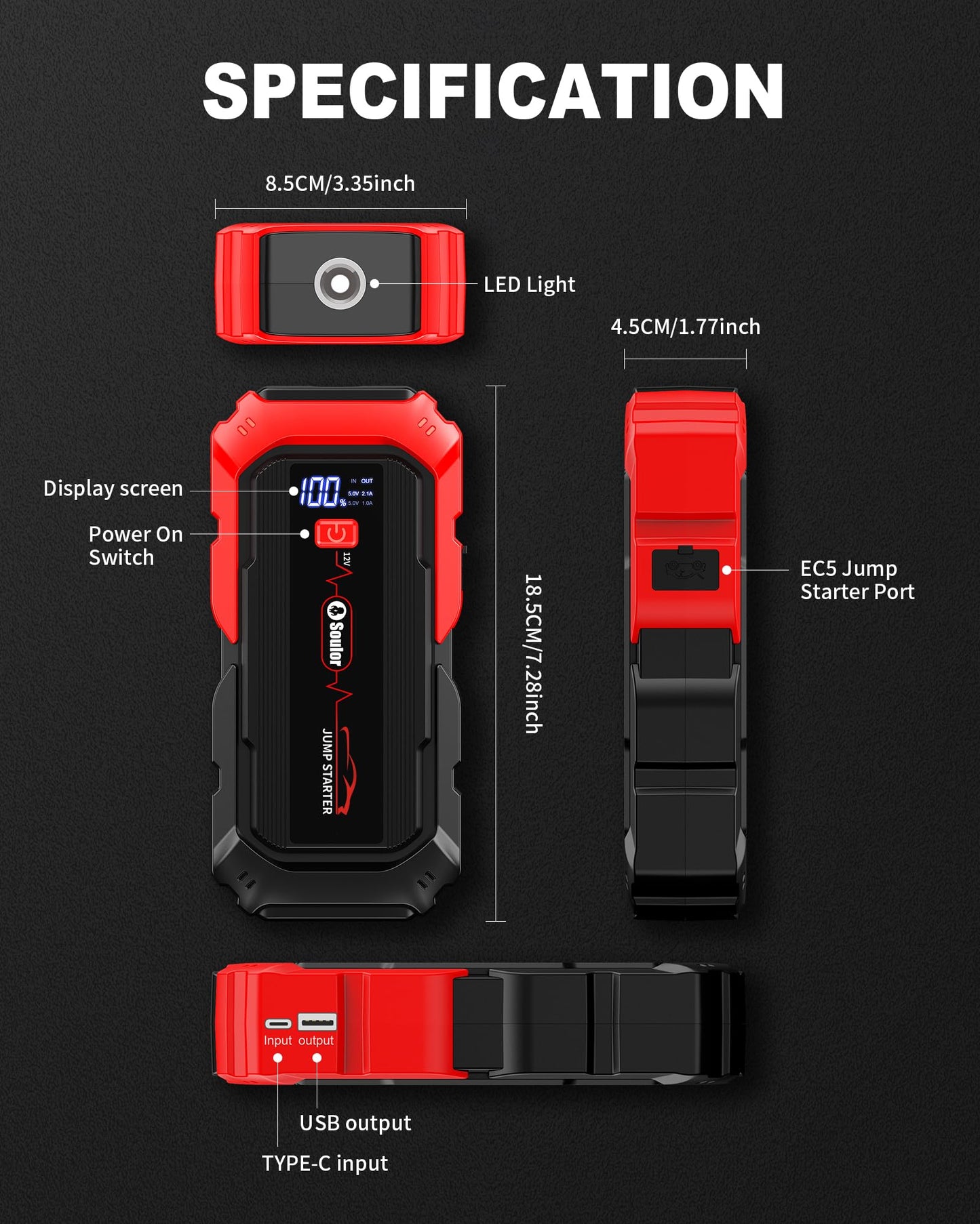 Portable Car Jump Starter,5000A Battery Booster Pack with Jumper Cables LED Lights Car Battery Jump Starter 12V Car Booster Jump Starter