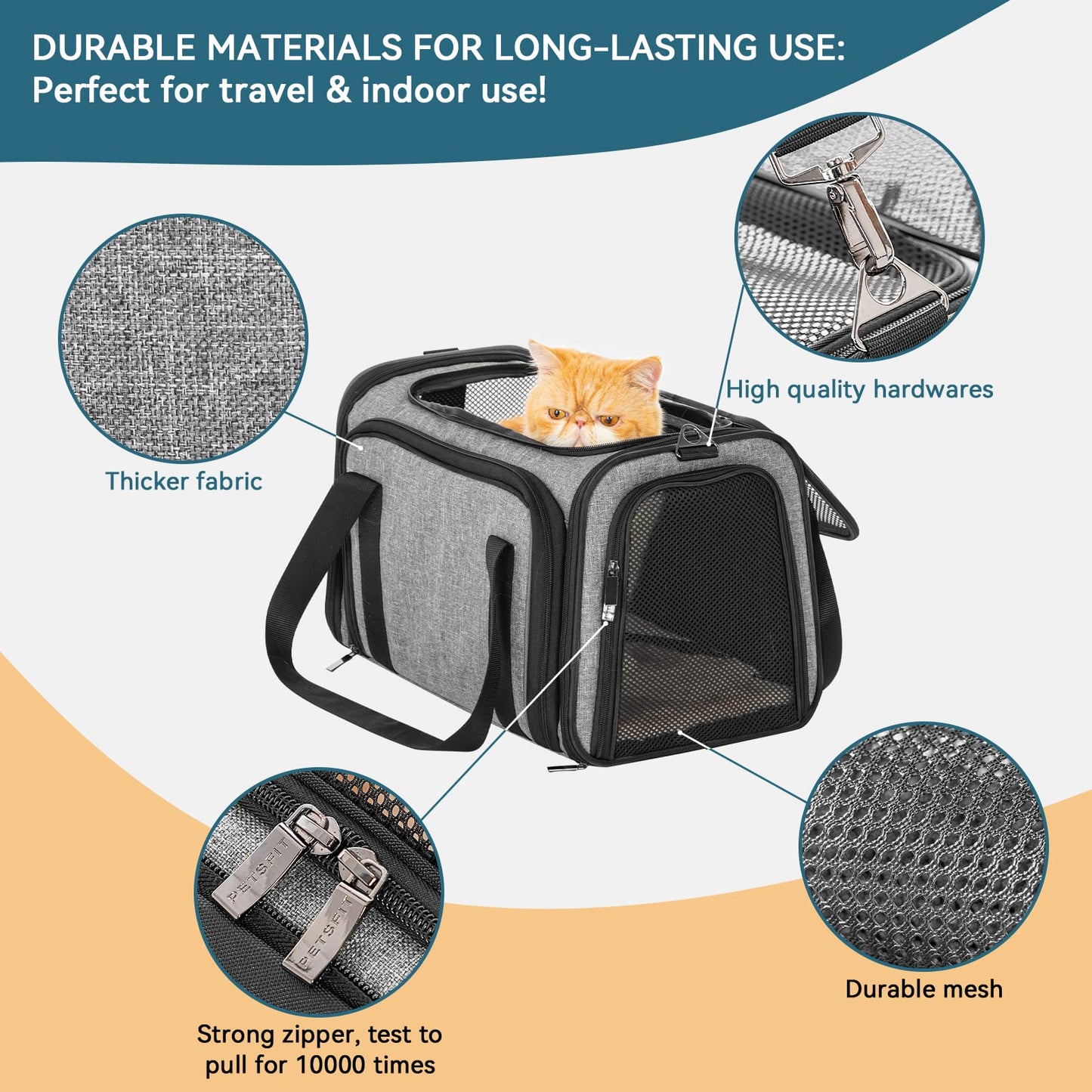 Petsfit Expandable Pet Carrier Airline Approved, Cat Carrier with Locking Zipper and Shoulder Strap, Storage Pockets, Cats, Kittens Puppies or Small Dog up to 15 Pounds,Gray M