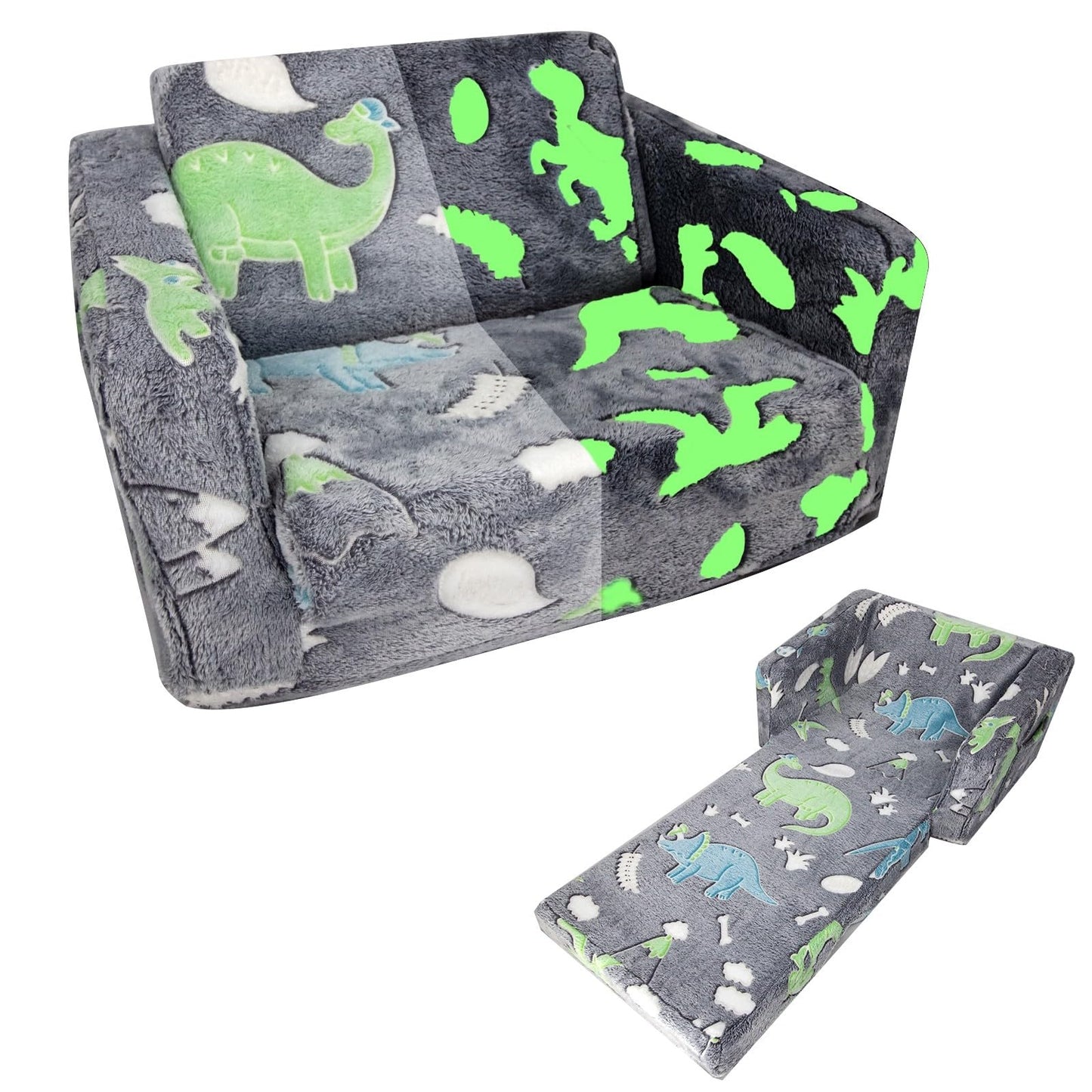 Kids Sofa Toddlers Sofa Glow in The Dark Kids Fold Out Play Couch Mini Dinosaur Couch for Kids Toddlers