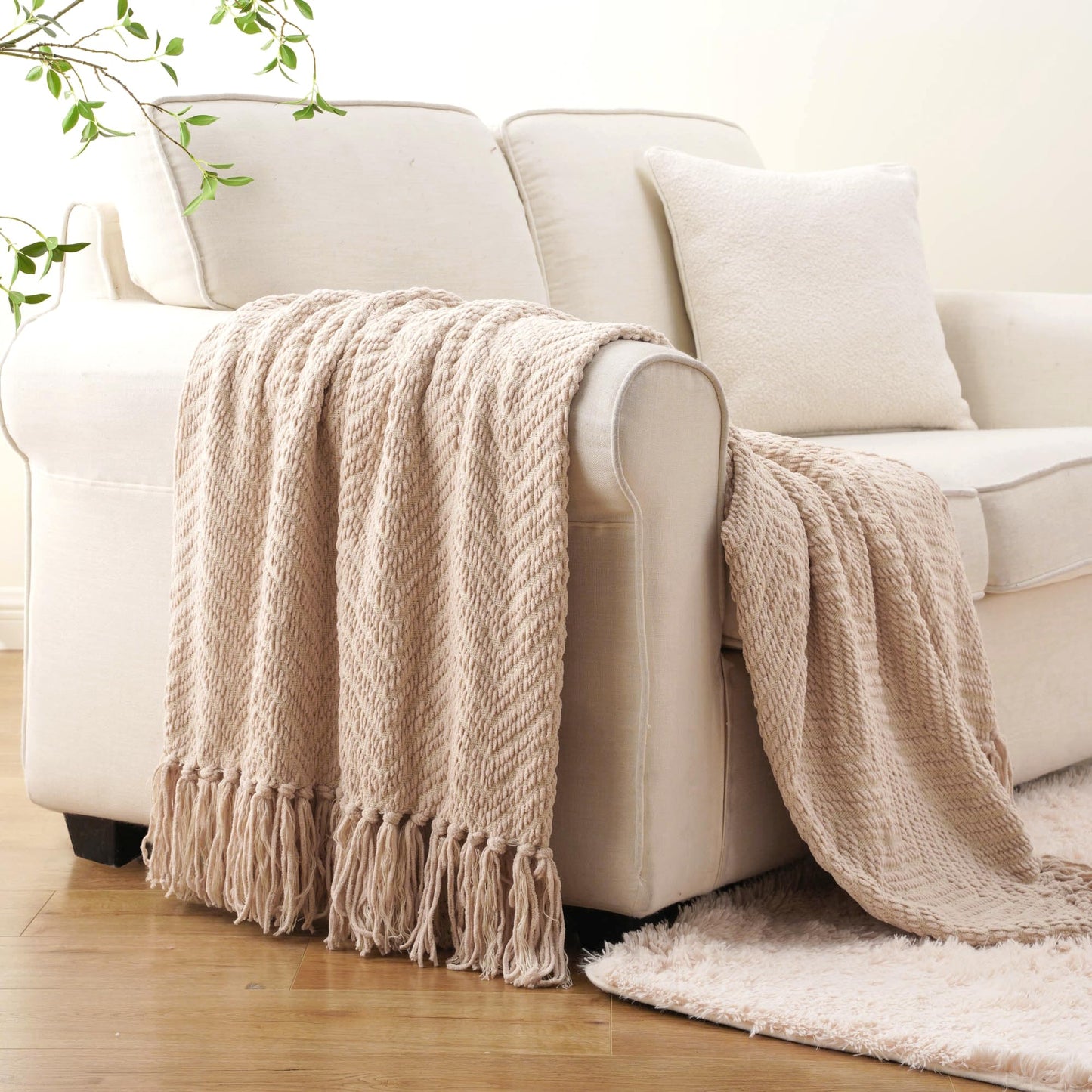BATTILO HOME Beige Throw Blankets for Couch Bed Sofa, Textured Solid Soft Knitted Throw Blanket with Tassels, Warm Cozy Couch Blanket Large Bed Throws, 60"x80"