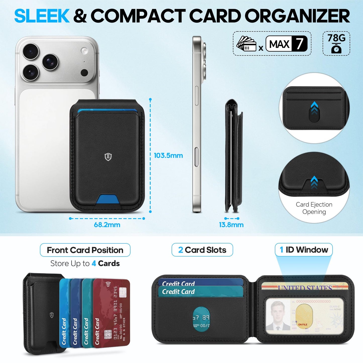 SHIELDON Genuine Leather Wallet Stand, Strong Magnetic Phone Wallet, Angle Adjustment, 6 Card Holders, RFID Blocking, Compatible with iPhone 17 Pro/Max/Plus, 16/15/14/13/12 - Nappa Black