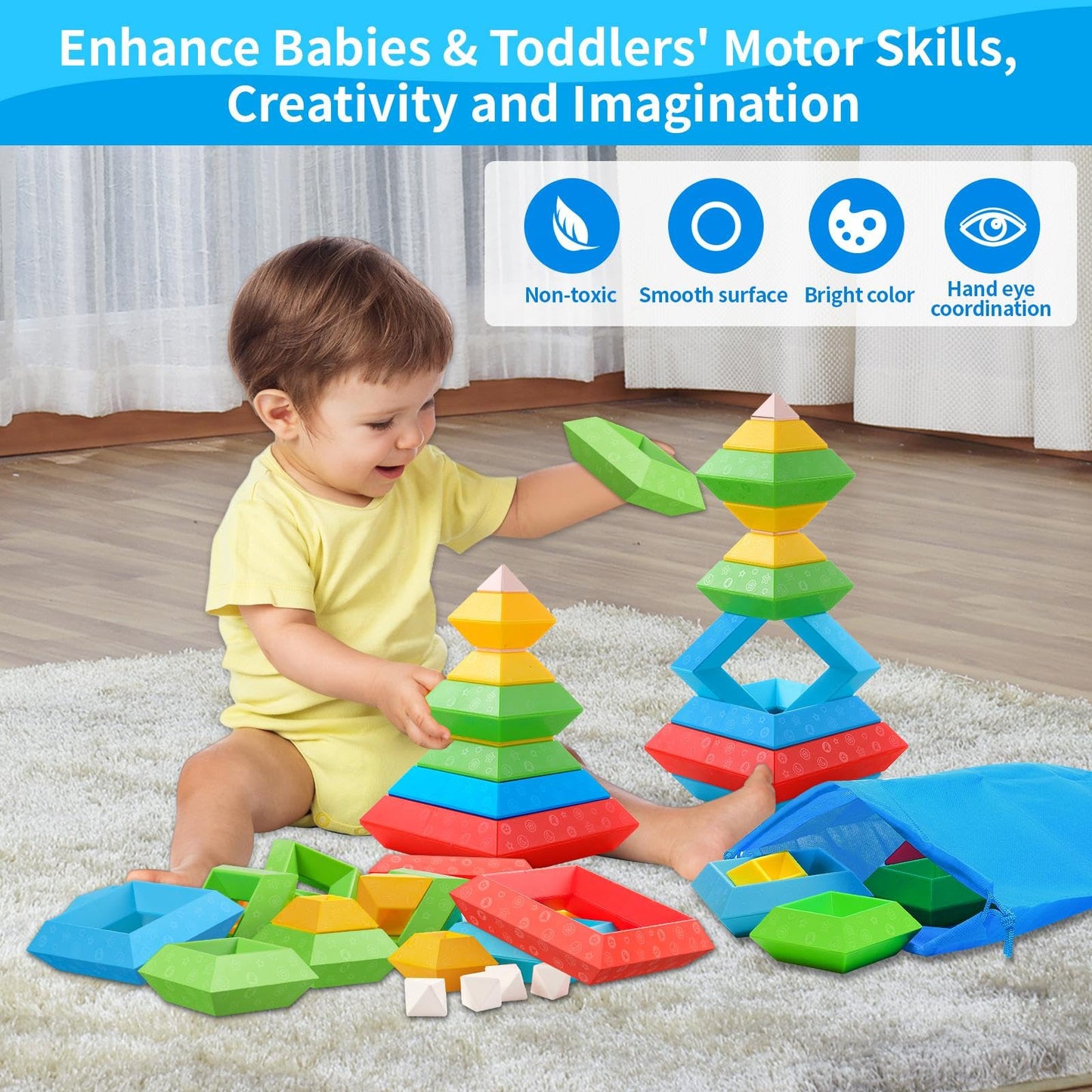 Montessori Toys for 3 4 5 Year Old Boy Girl 30Pcs Stacking Building Blocks Preschool Learning Activities STEM Manipulatives Toddler Toys Gifts for Kids