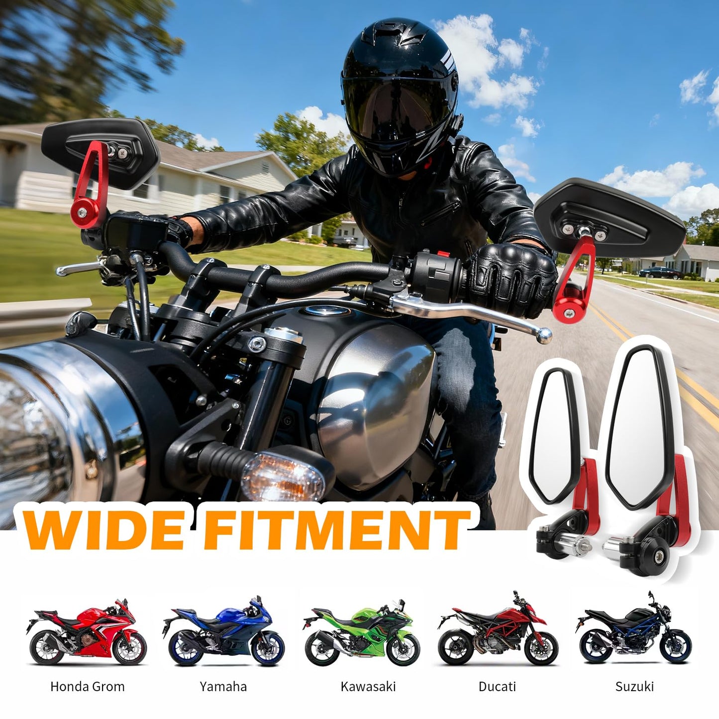 Rich Choices Universal Red Motorcycle 22mm 7/8'' CNC Handlebar Side Mirrors for Honda Kawasaki Yamaha Suziki