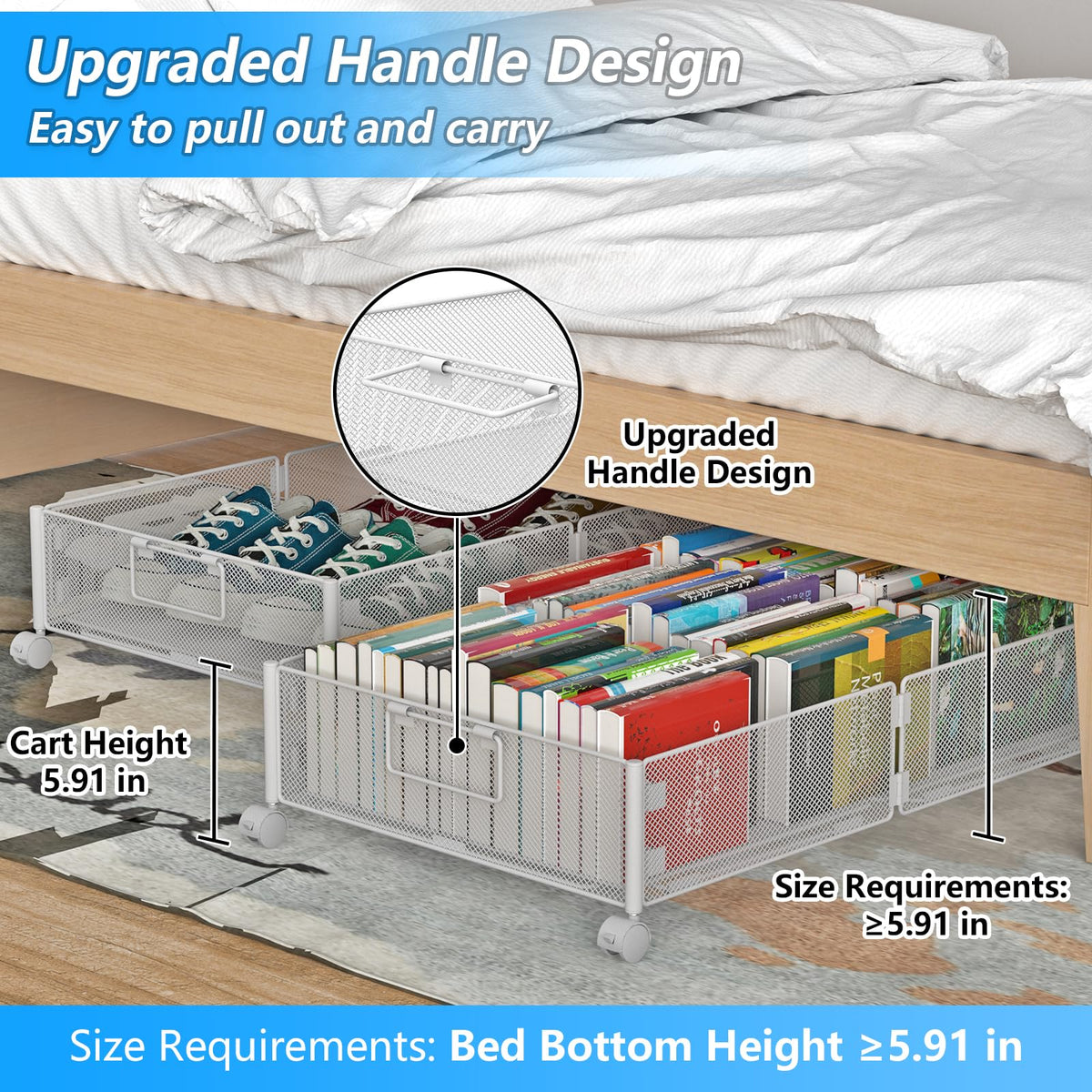 VyGrow Under Bed Storage Containers, Under Bed Storage with Wheels, Shoe Organizer Under Bed with Handles, Tool-free Assembly Underbed Storage for Clothes, Shoes, Blankets, Toy Storage, White, 2Pack