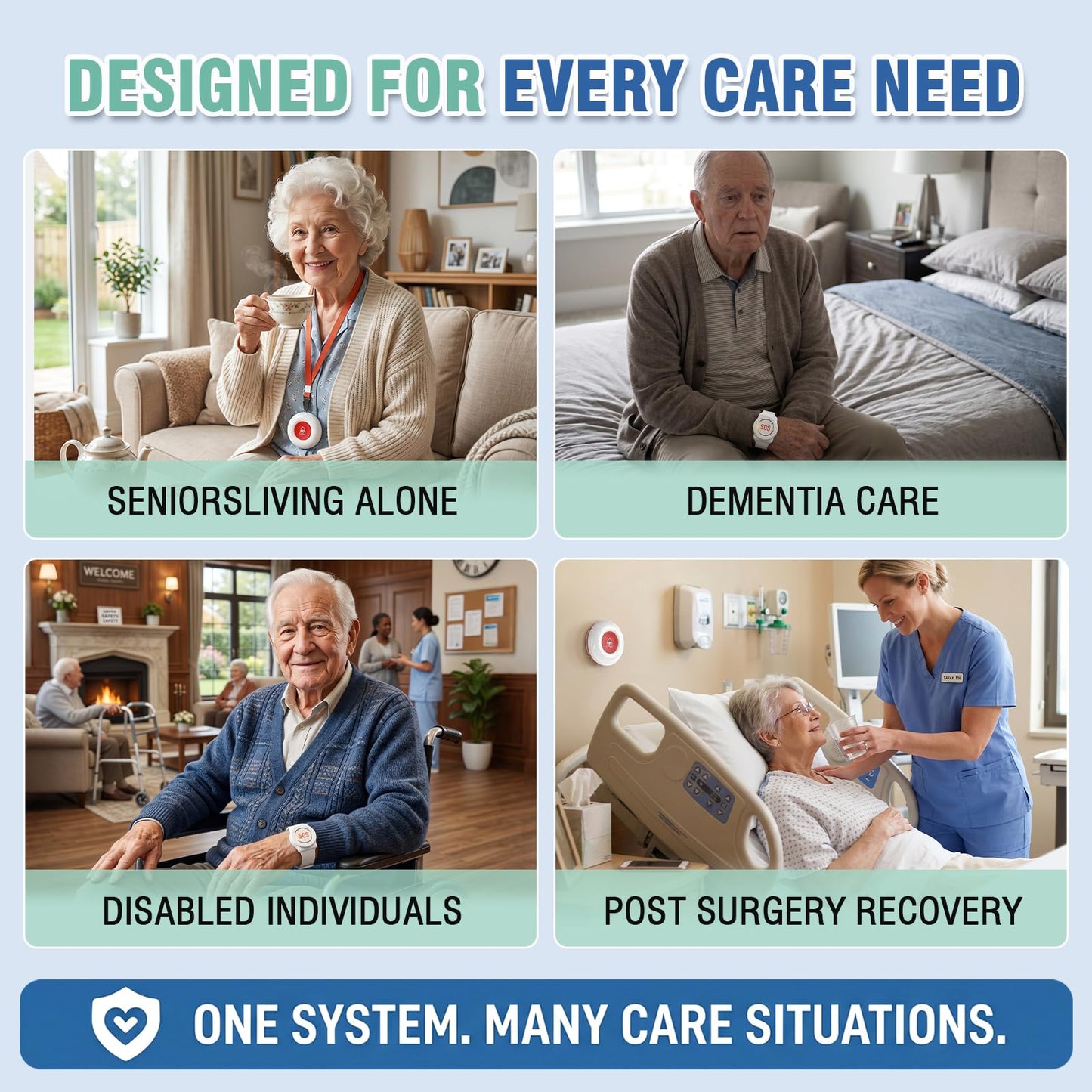 Daytech Caregiver Pager Call Button for Elderly Caregiver Paging System Home Alert Pager for Seniors Patient Nurse Medical Help Button 2 Receiver & 3 Panic Emergency Button