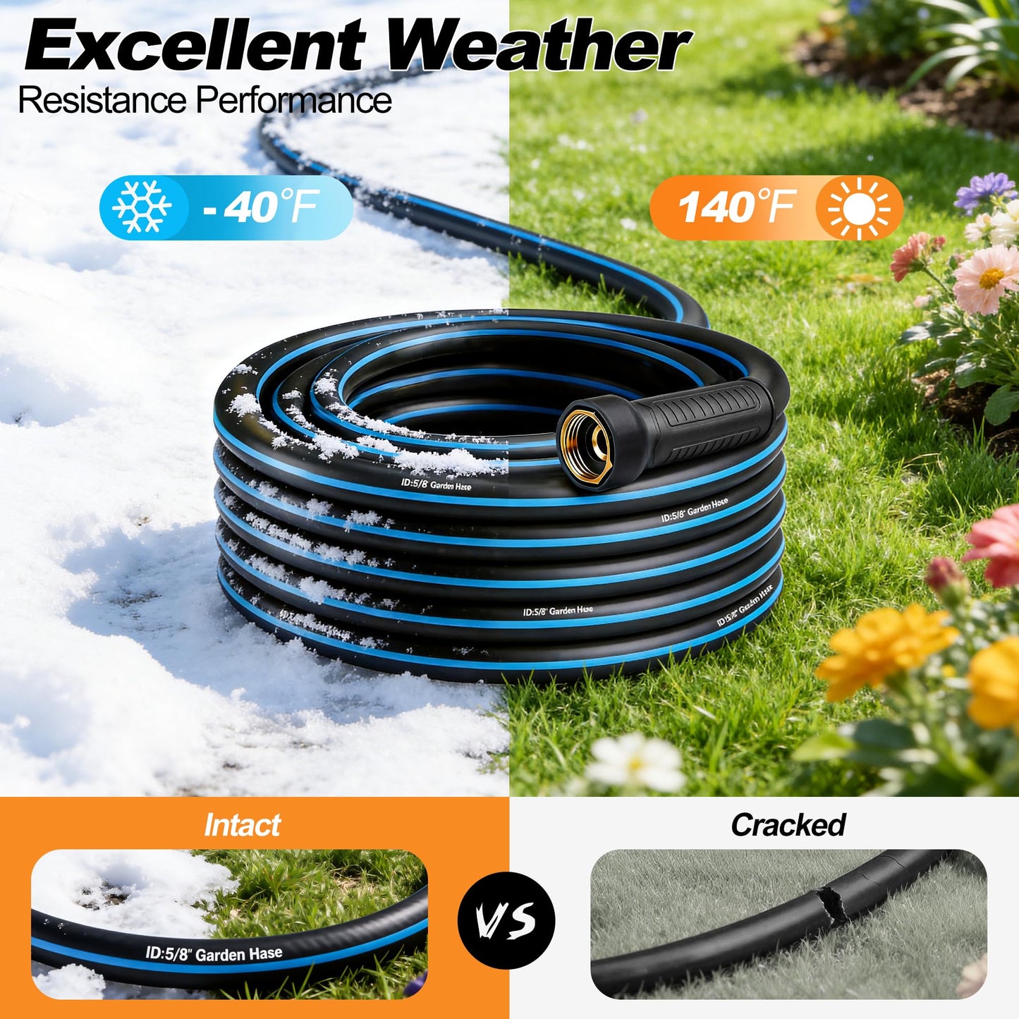 Heavy Duty Rubber Garden Hose 5/8" x 25FT, Non-Expandable Kink-Free Water Hose with Leak-Proof 3/4" Fittings for Yard Lawn and Car Wash