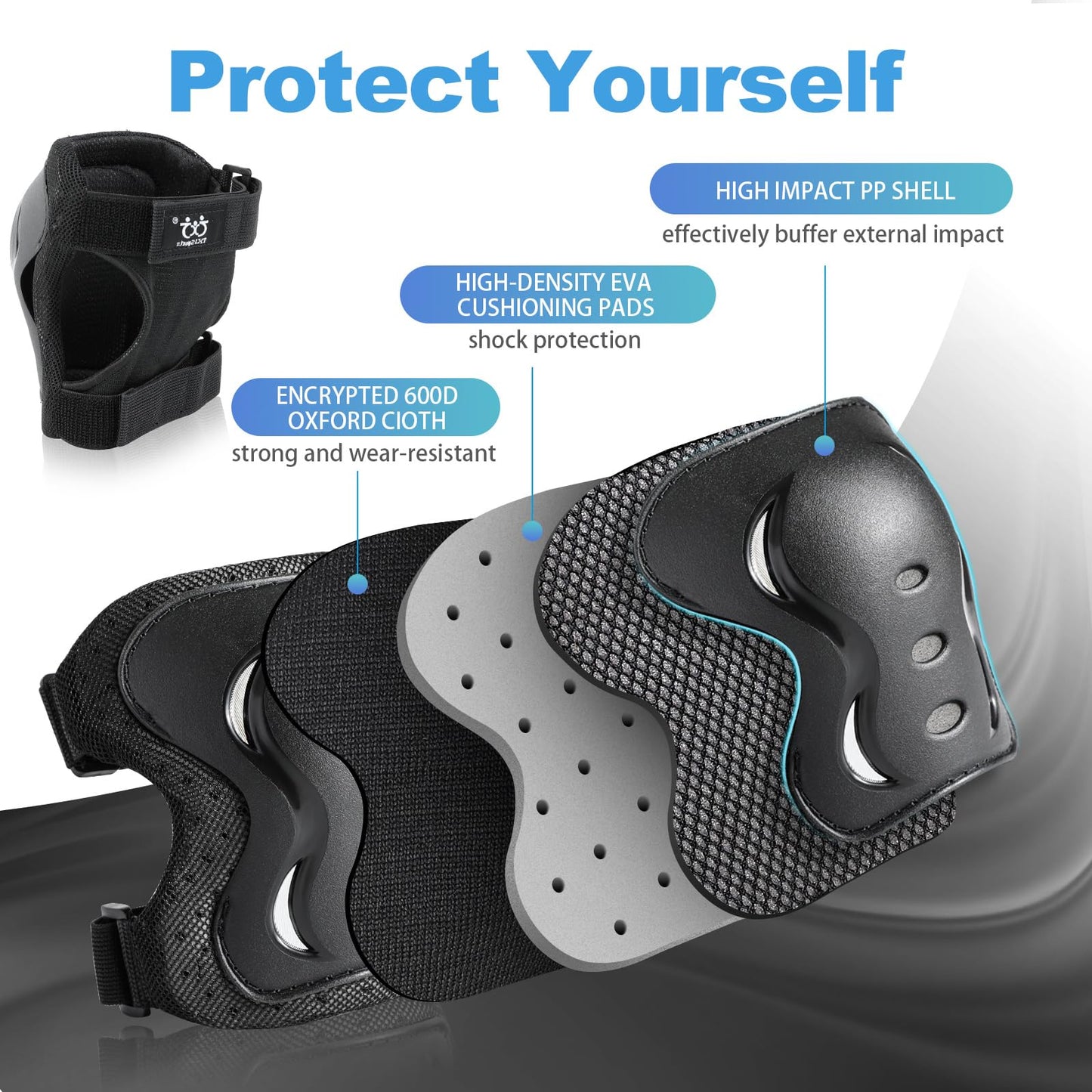 Knee Pads Elbow Pads with Wrist Guards Protective Gear Set for Kids Youth Adult Skateboard Sports Skateboarding Roller Skating Bicycling 6 in 1