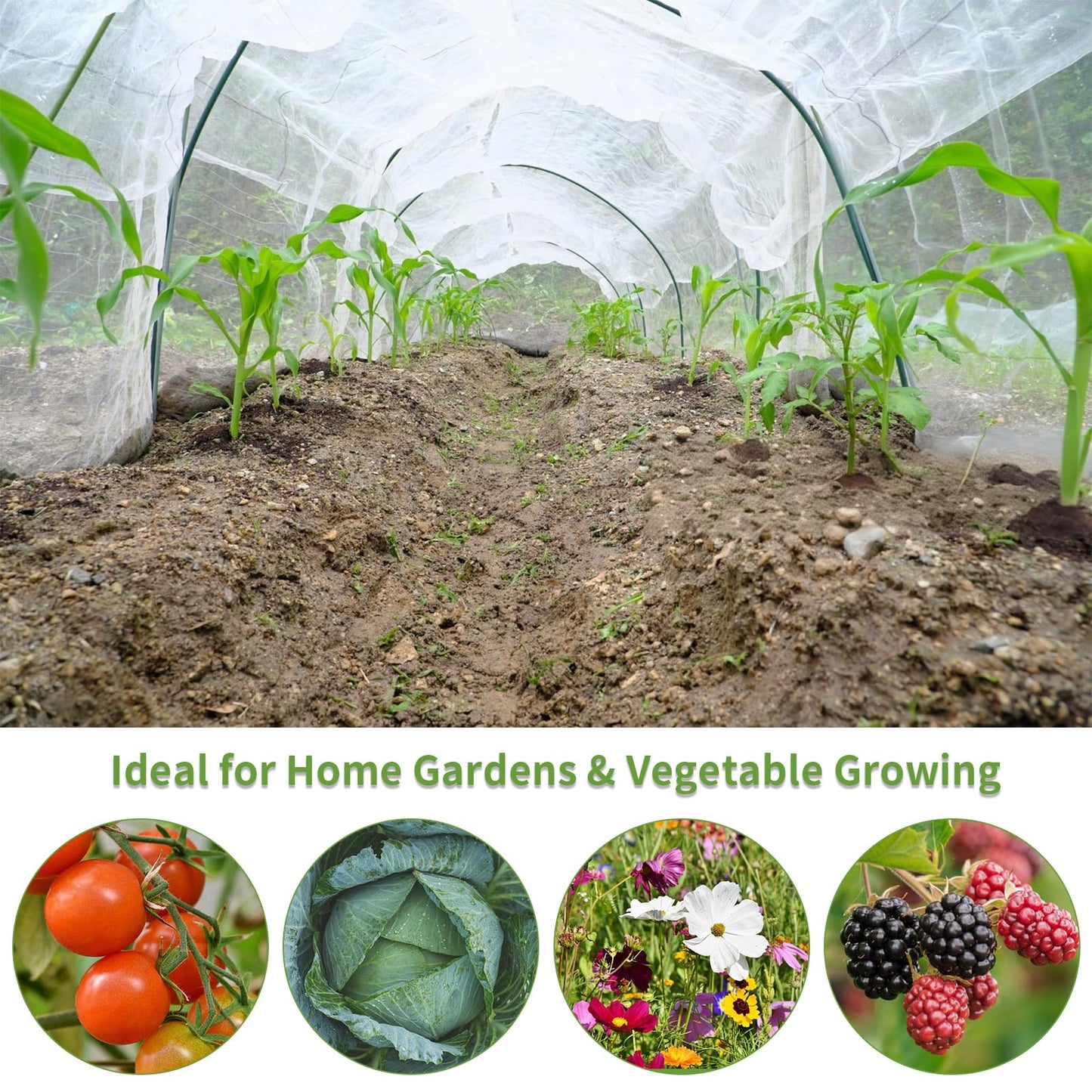 Garden Insect Mesh Netting Kit with Hoops – 10 x 50FT Insect Netting, 6 Sets Garden Hoops, 16 Clips & 10 Pegs Stakes with Washers for Vegetables, Plants & Raised Beds