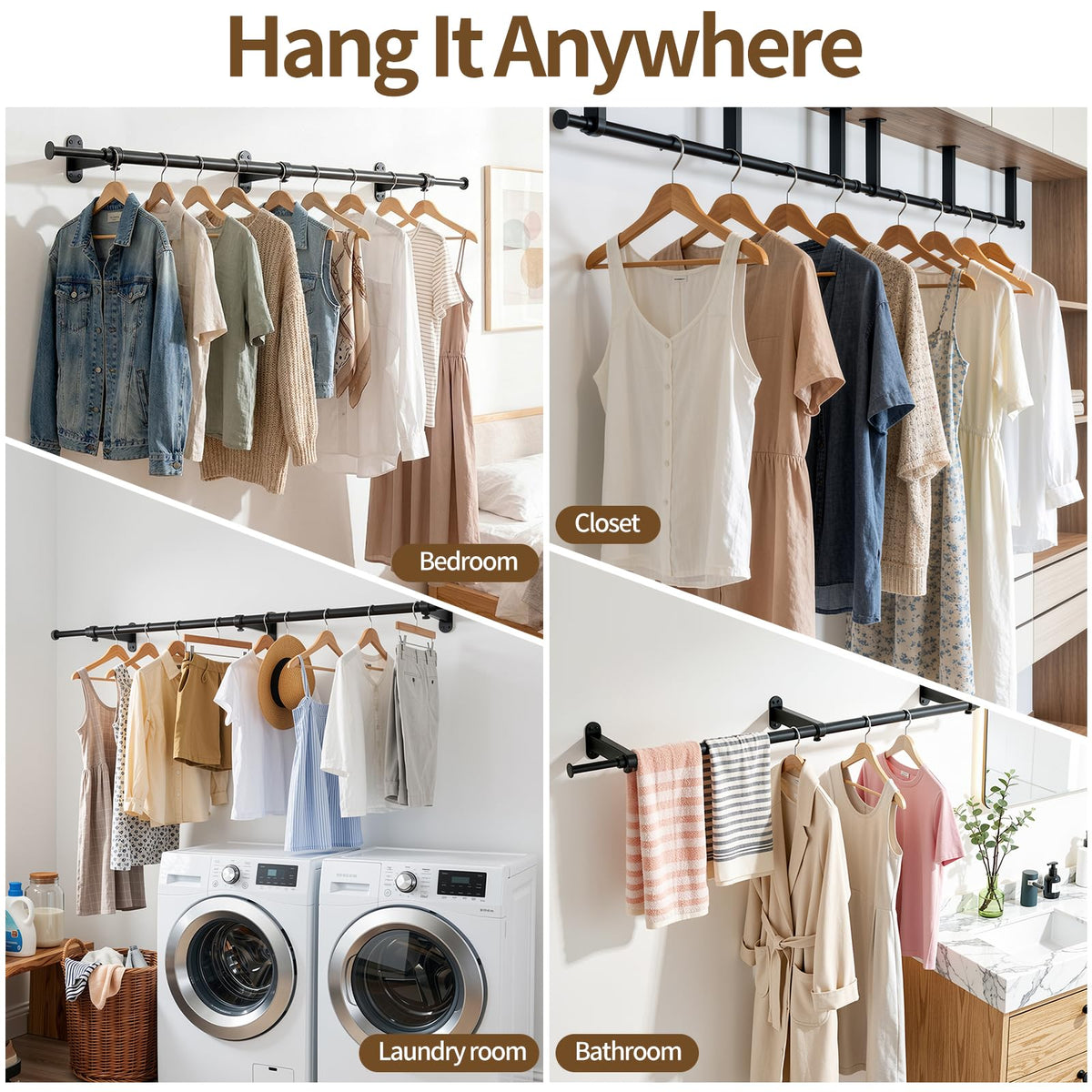 Luxspire Wall Mounted Clothes Rack, Industrial Pipe Clothing Rack, 41" Heavy Duty Extendable Iron Garment Bar, Multi-Purpose Hanging Rods for Clothes Bedroom, Laundry Room, Closet 1 Pack, Black