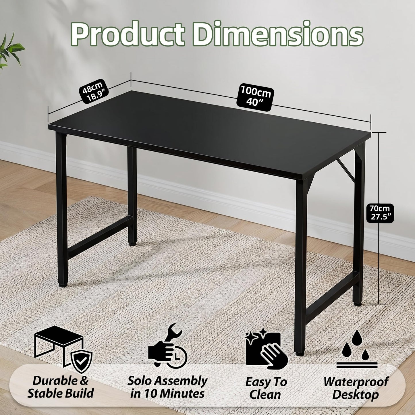 Grandder 40 inch Computer Desk, Small Home Office Desk Study Writing Kid Table, Simple PC Gaming Desk, Adjustable Feet, Black