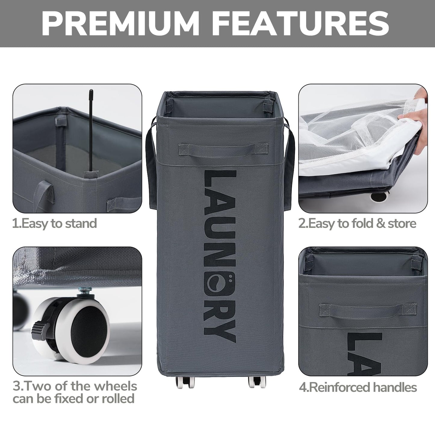 Goodpick Hamper with Wheels, 2-Pack 75L Foldable Laundry Baskets with Removable Wash Bags, Dirty Laundry Basket for Corner Dorm,Grey