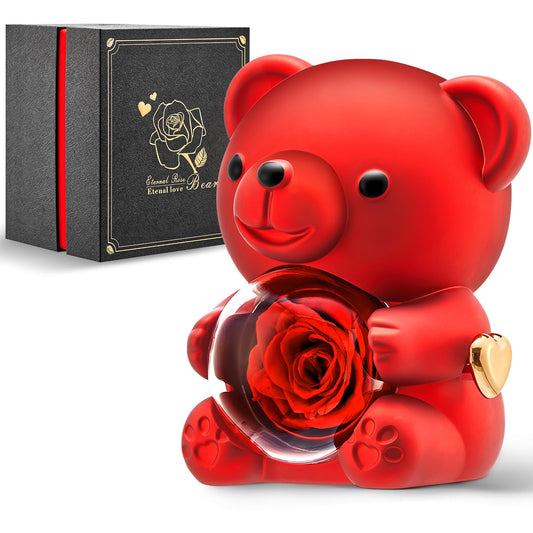 Mikasol Romantic Teddy Red Bear with Preserved Rose - Real Rose in Elegant Black Gift Box for Valentine's Day, Anniversaries, Weddings, Bridal Showers, and Mother's Day