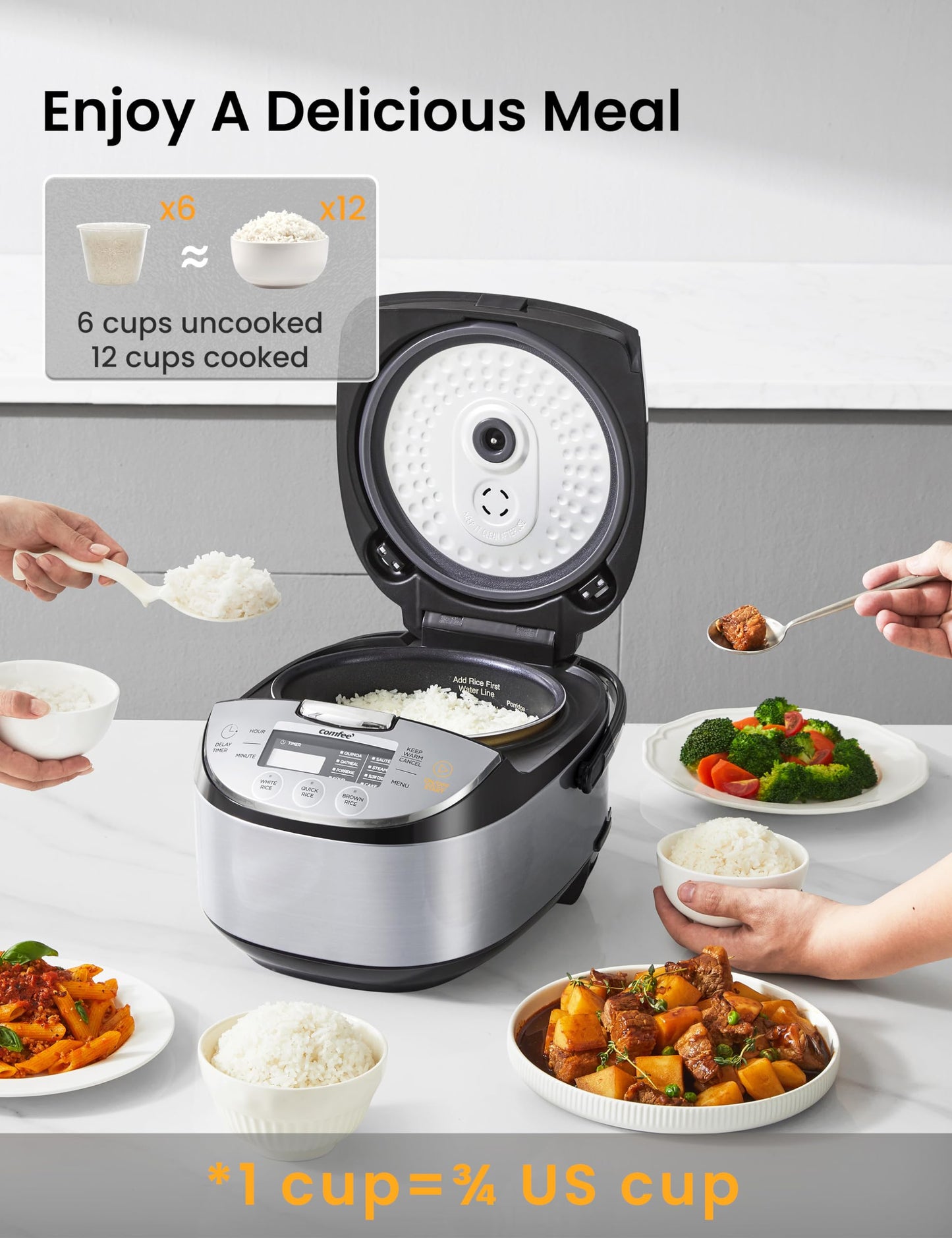COMFEE' Rice Cooker 6 Cups Uncooked, Portable Non-Stick Rice Maker, Japanese Rice Cooker with Fuzzy Logic Technology, 24-Hour Timer Delay, 11 Presets, Black