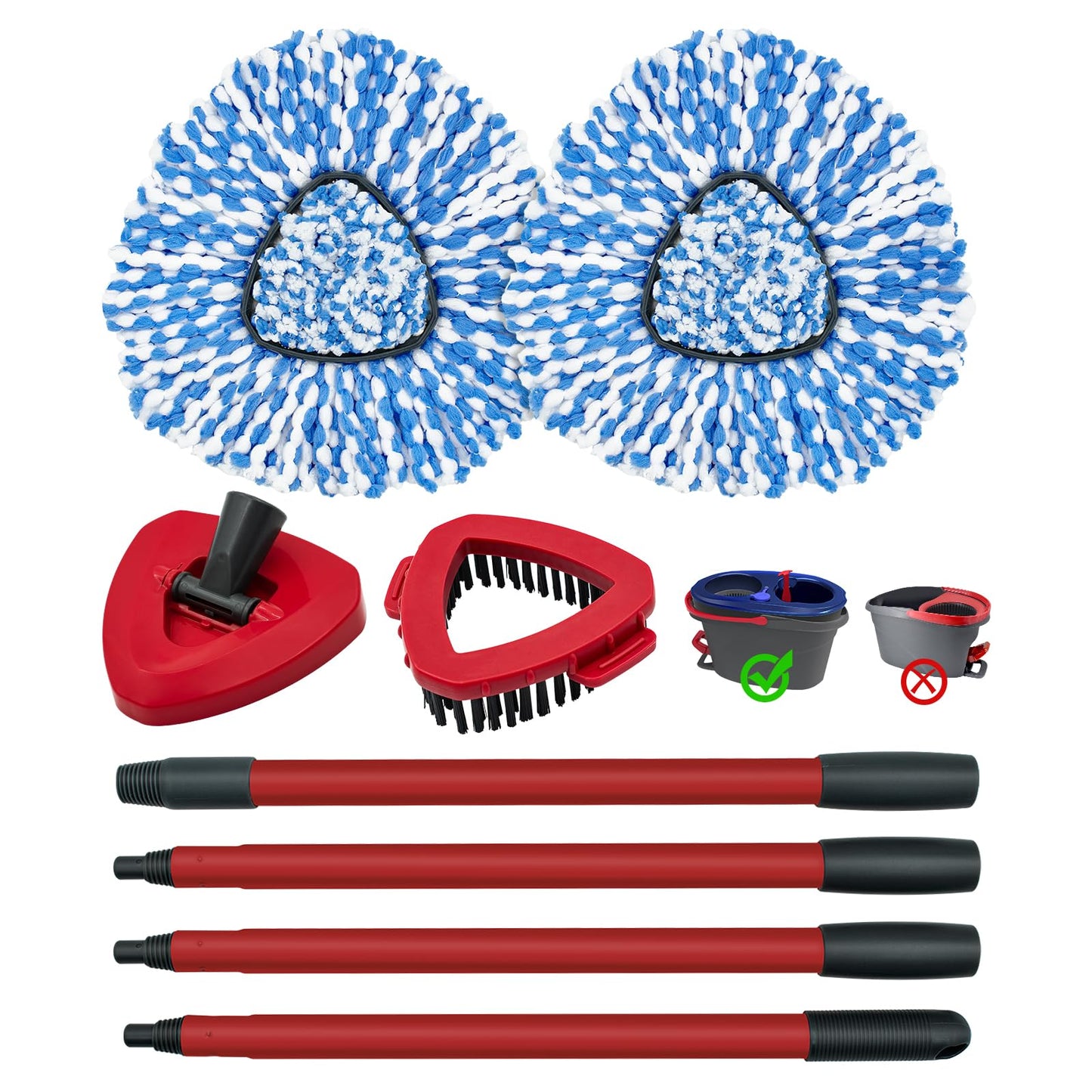 Spin Mop Handle, Mop Heads Replacements, Scrubber Head and Base Compatible with Vileda RinseClean Spin Mops & Bucket 2-Tank System, Mopping Stick and Head Replacement for Wet Dry Use Floor Cleaning