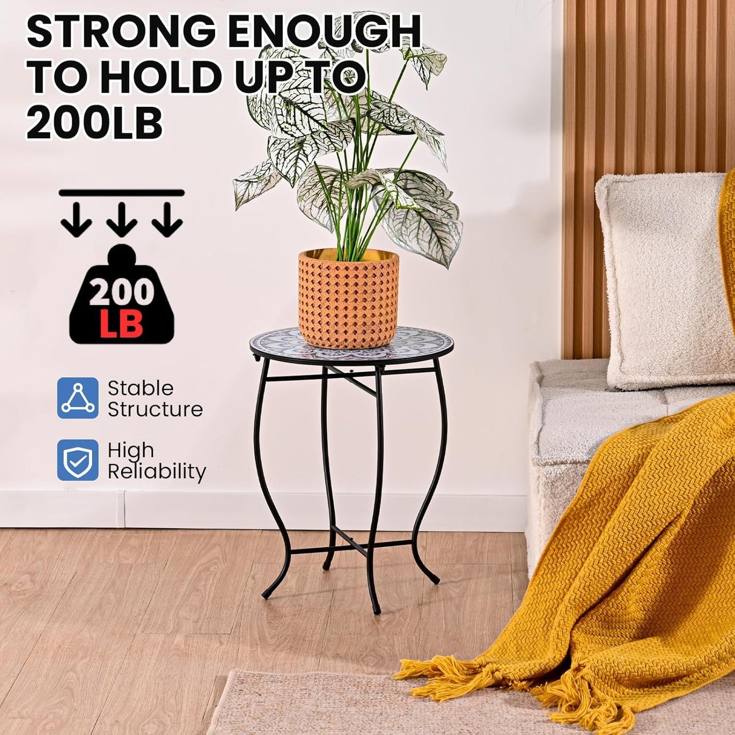 17" Tall Patio Side Table, 14 Inch Round Side Table, Weather Resistant Anti-Rust Metal Indoor Outdoor Side Table for Patio Yard Porch Balcony Garden Bedside, Blue