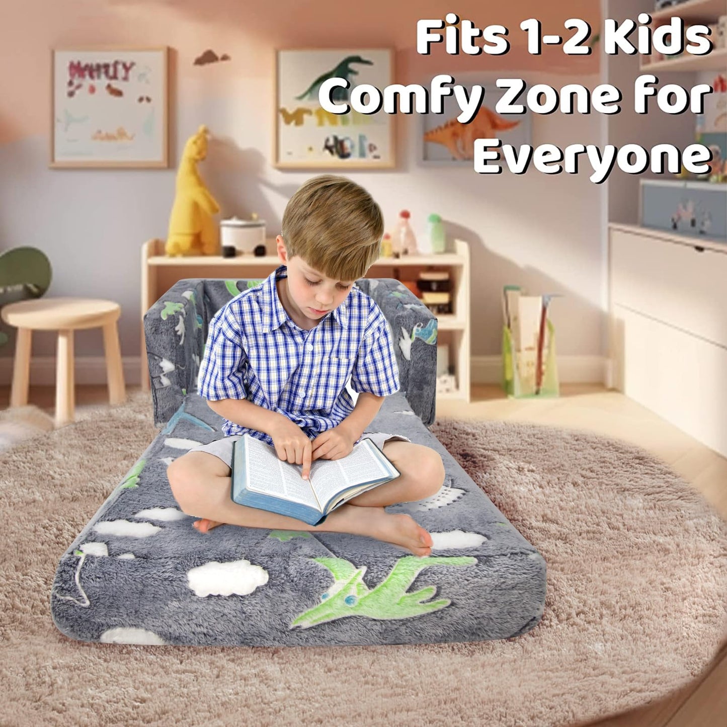 Kids Sofa Toddlers Sofa Glow in The Dark Kids Fold Out Play Couch Mini Dinosaur Couch for Kids Toddlers