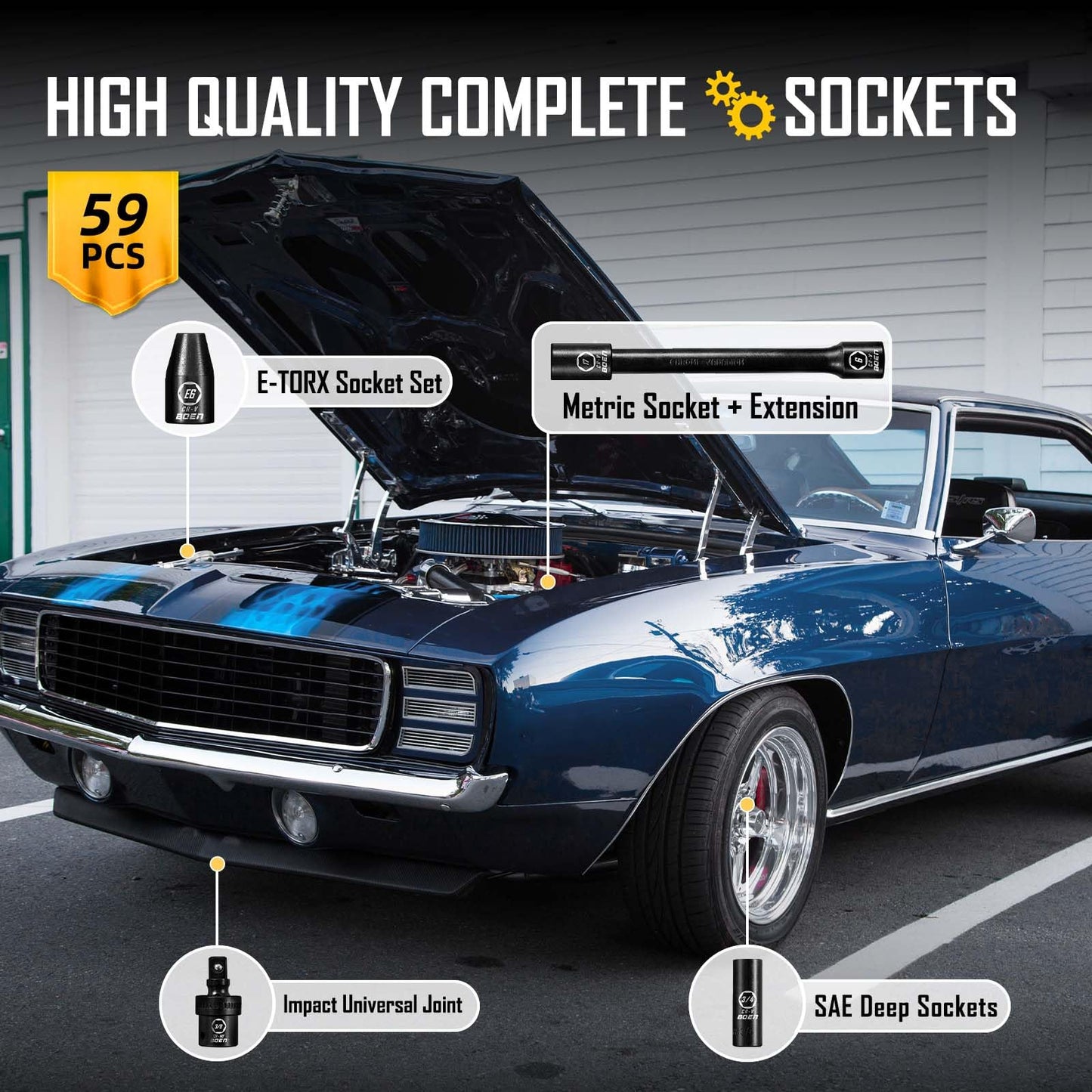 3/8" Drive Impact Socket Set, 59-Piece Standard SAE (5/16 to 3/4 inch) and Metric (6-22mm), Include 9-Piece E-Torx Socket Set (E5-E16) 丨Ratchet Handle, Extension Bar, Universal Joint, Adapter