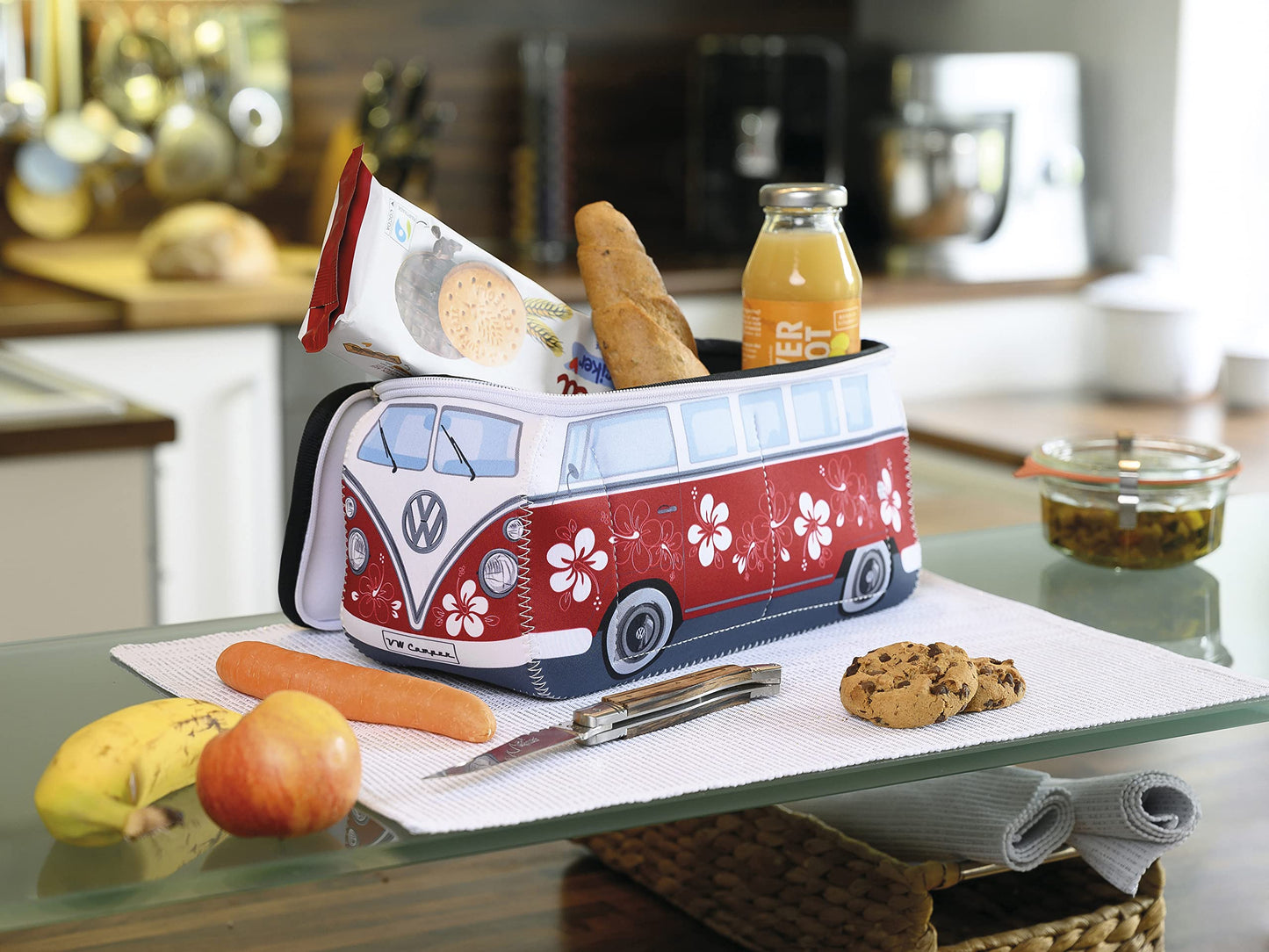 BRISA VW Collection - Volkswagen Neoprene Universal Makeup Cosmetics Toiletry Travel Pharmacy Bag in T1 Bus Design (Hibiscus/Red) (Large (30 x 14 x 12 cm))